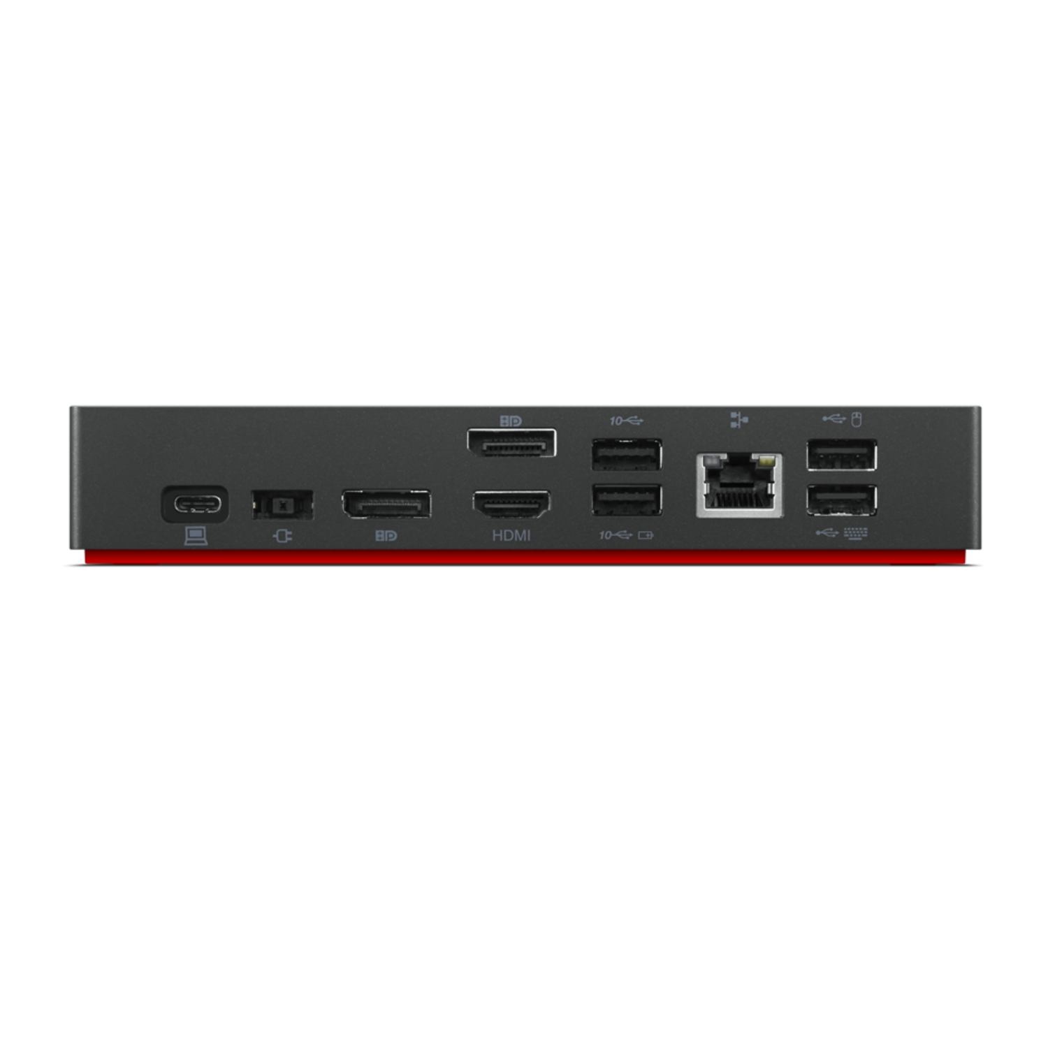 Black device with multiple ports and a red line. Has HDMI, USB, and Ethernet ports. Black background.