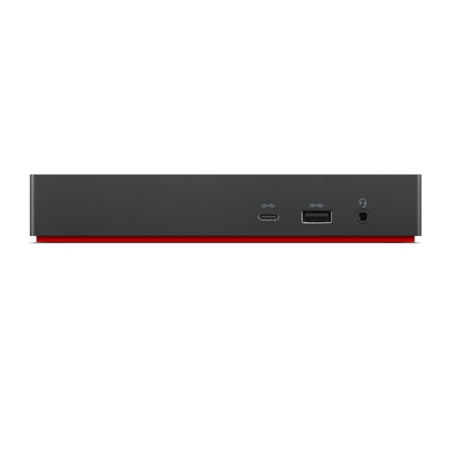 A black device with red trim featuring USB and audio ports, a power input, and a logo.