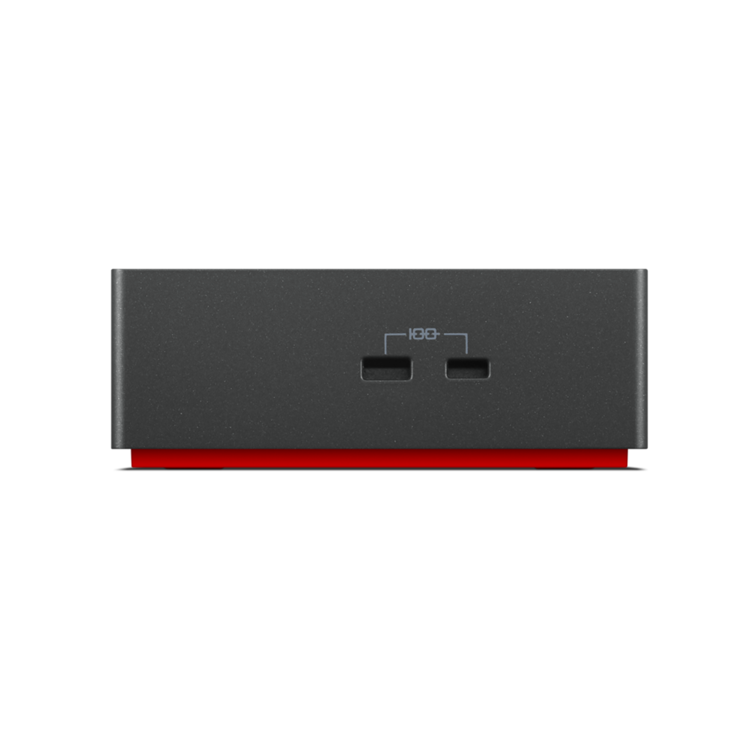 A black device with a red stripe on the bottom, showing two USB-C ports.