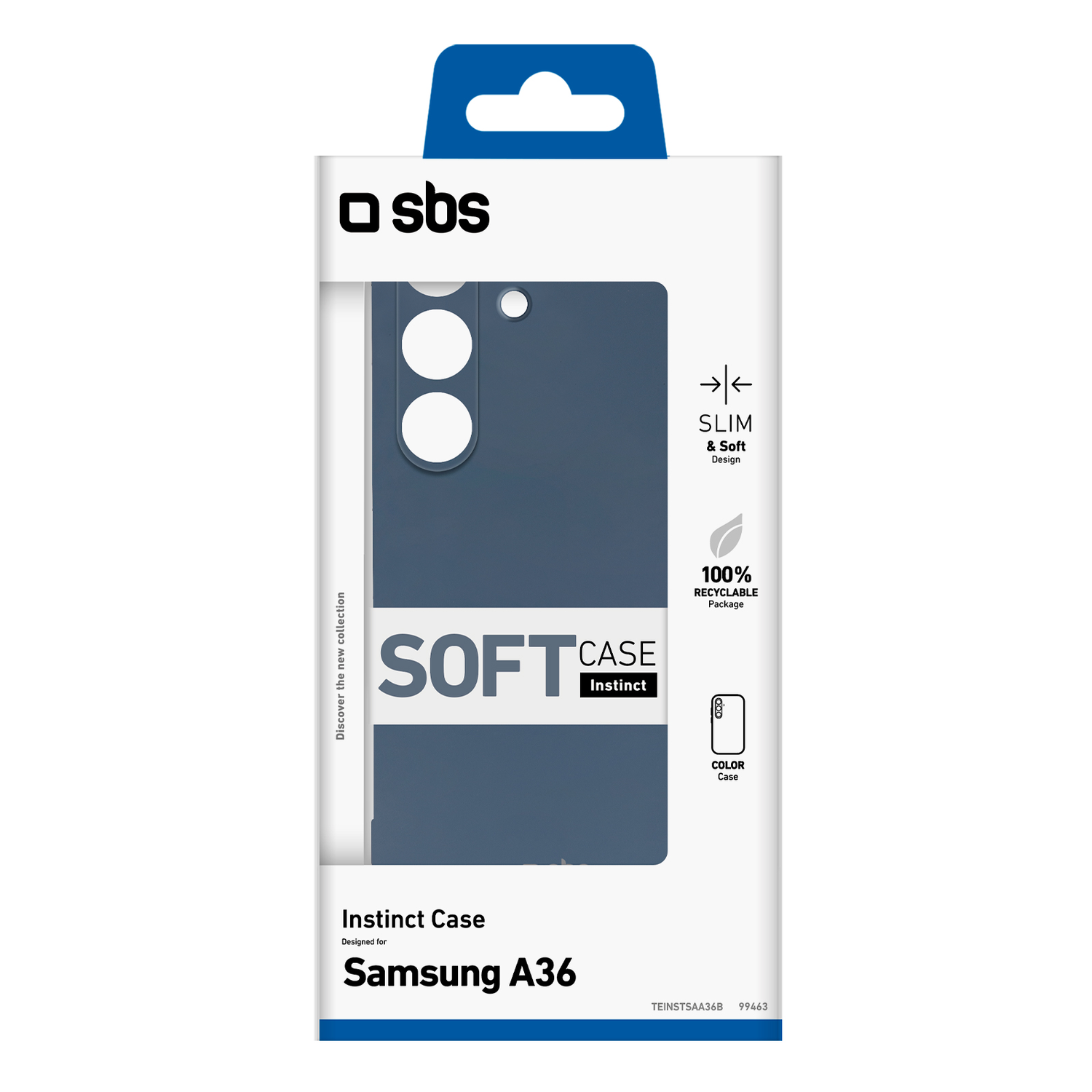 Verpakking voor een blauwe softcase voor een Samsung A36-telefoon, met productdetails.