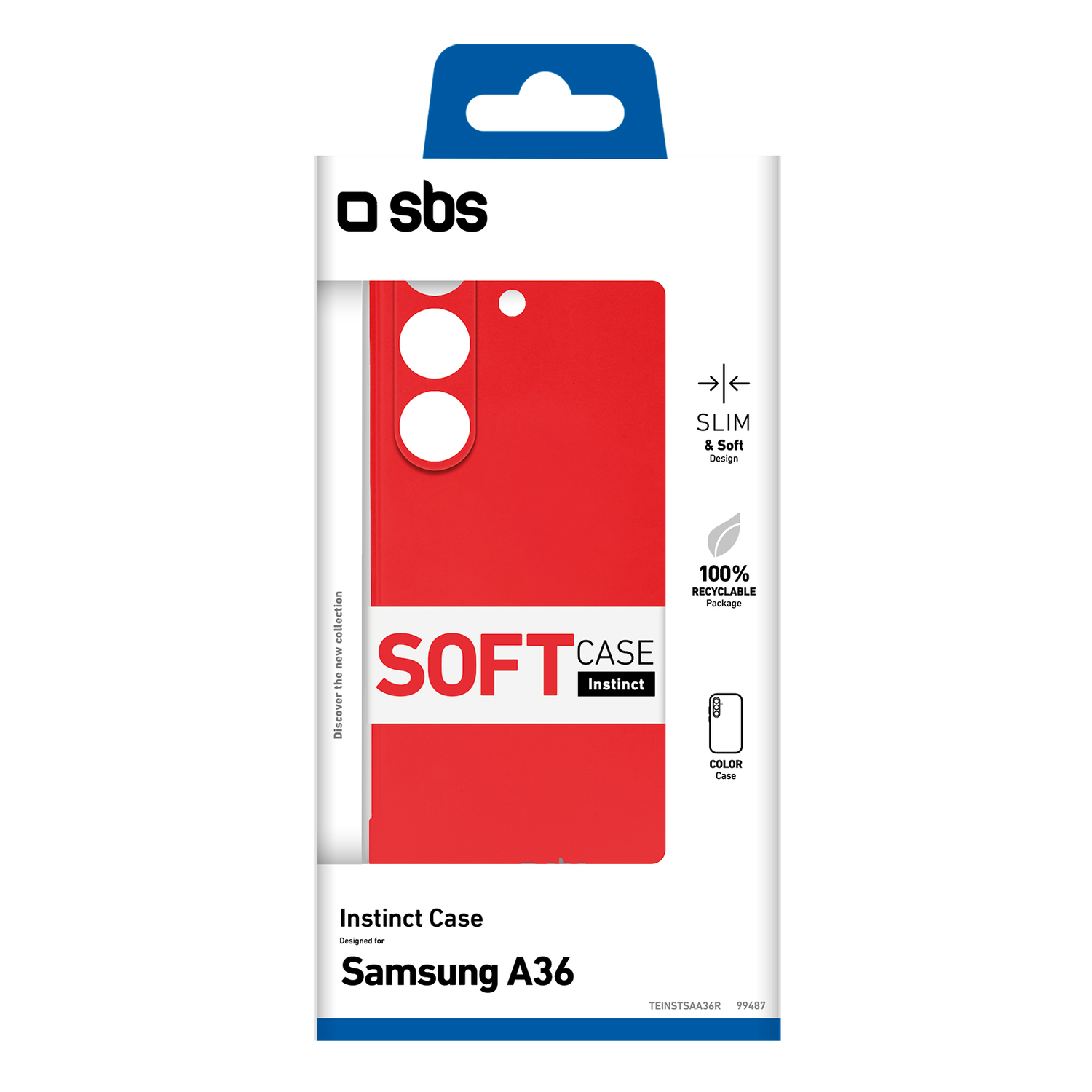 Rode telefoonhoes in een wit en blauw pakket. De hoes is voor Samsung A36.