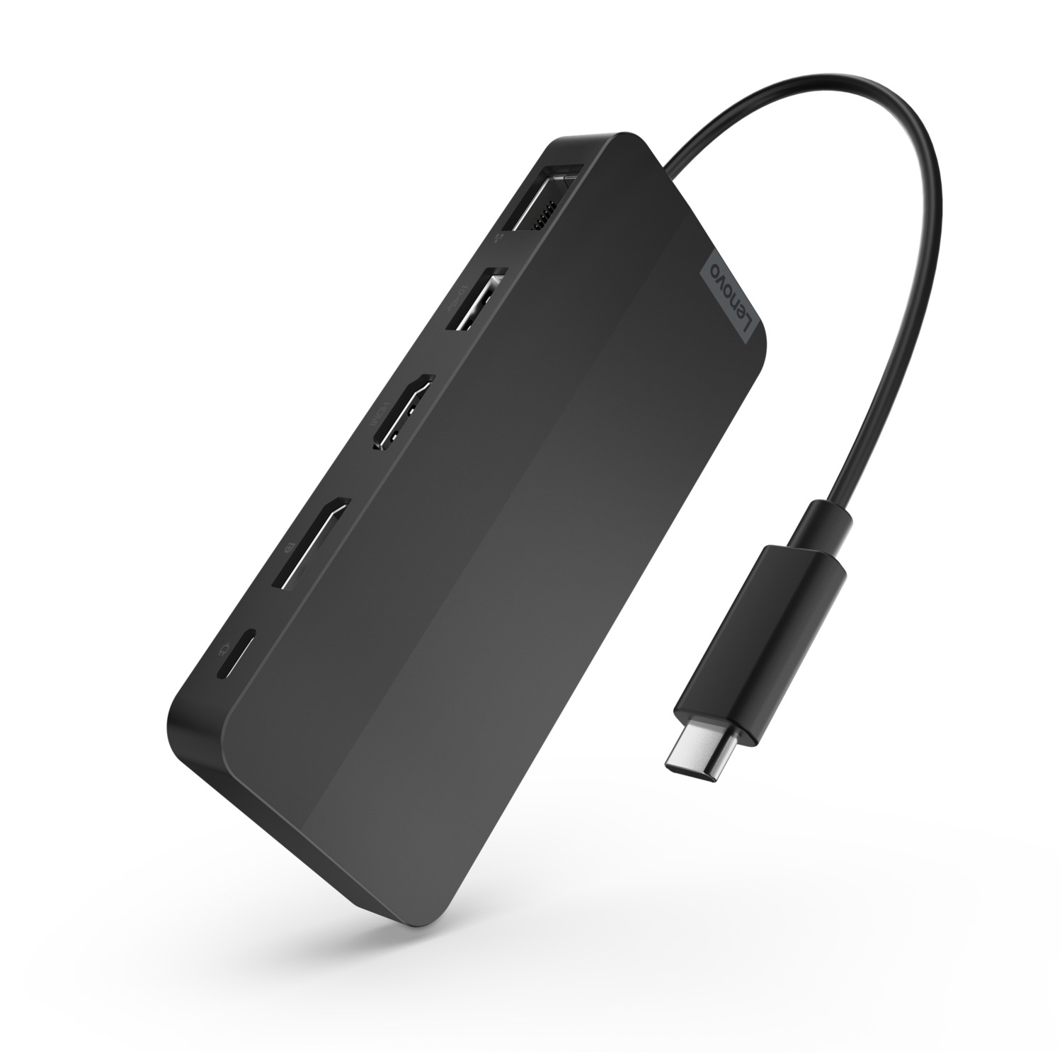 Een zwarte Lenovo USB-C hub met meerdere poorten en een aangesloten kabel.