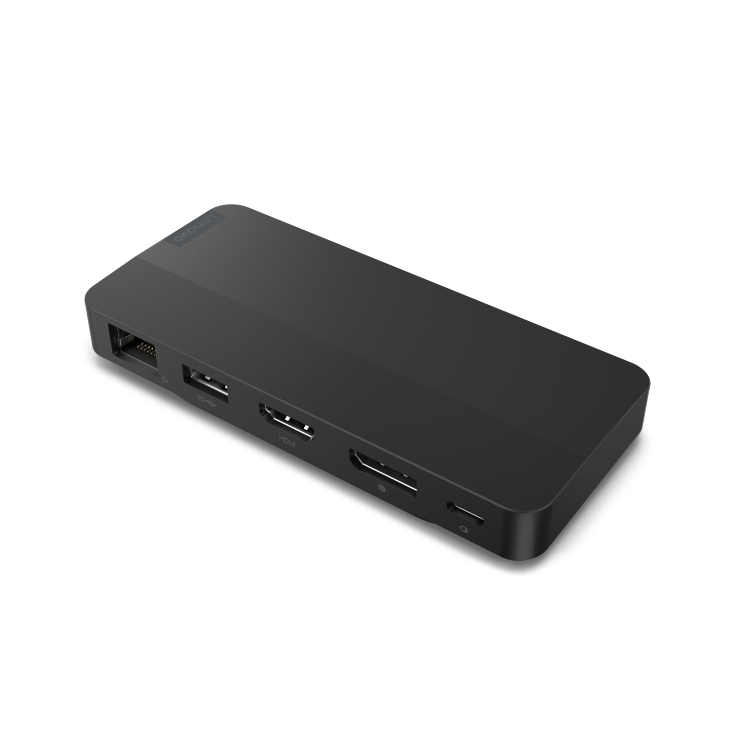 Een zwarte hub met meerdere poorten: Ethernet, HDMI, SD en USB-C. Het is een rechthoekig apparaat.