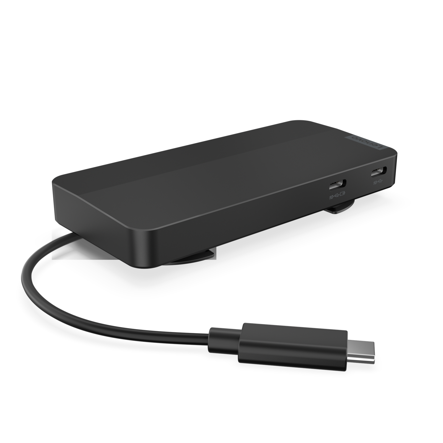 Zwarte Lenovo hub met aangesloten kabel, USB-C connector, op zwart oppervlak.