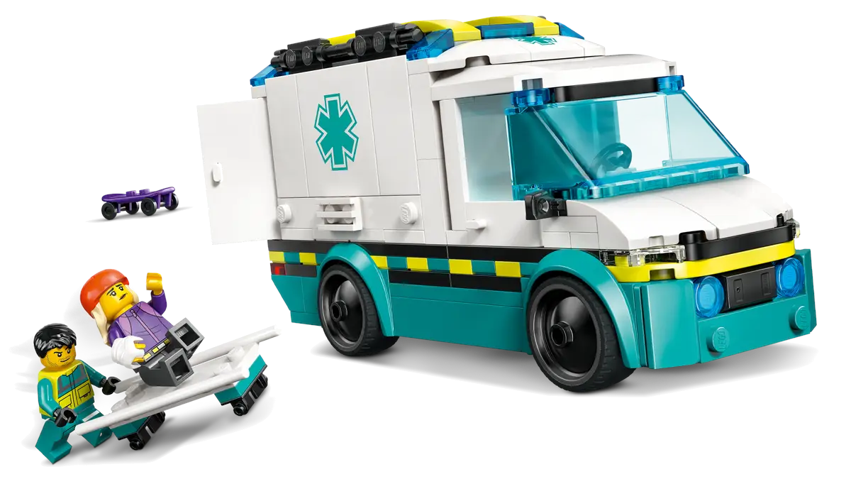 Scena z karetką Lego z pacjentem na noszach i dwiema figurkami Lego.