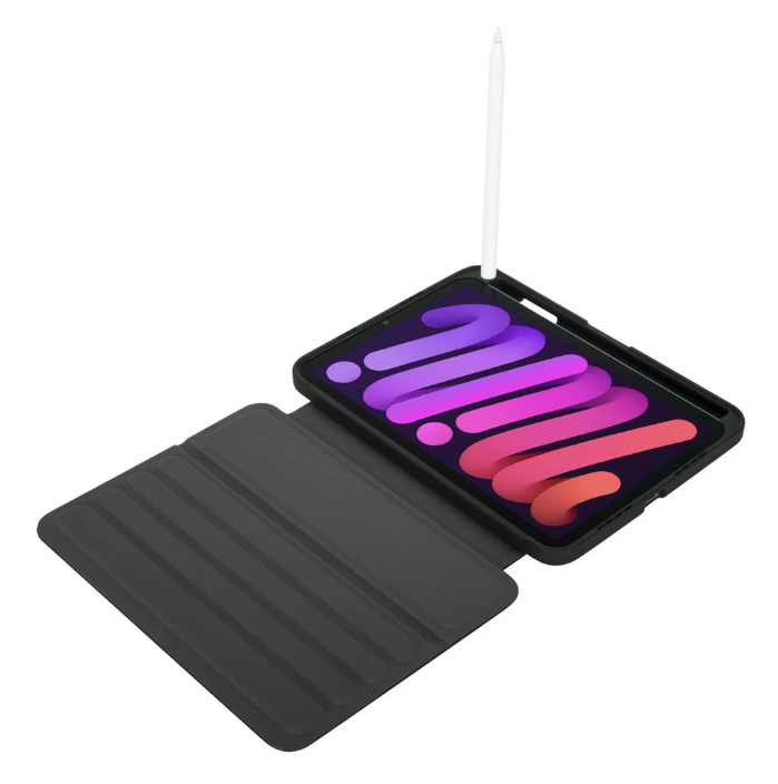 Siyah kılıf ve kalemli bir iPad Mini, renkli bir ekran ve gri bir folio kılıfı göstermek için açık.