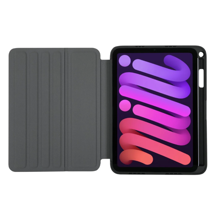 Renkli ekranlı, siyah kasalı ve kalemli açık bir tablet. Kılıf gri.