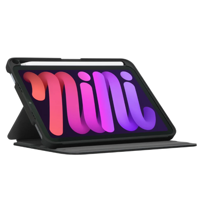 Siyah bir kılıf içinde bir iPad Mini ve bir kalem. Ekran renkli bir grafik gösteriyor.