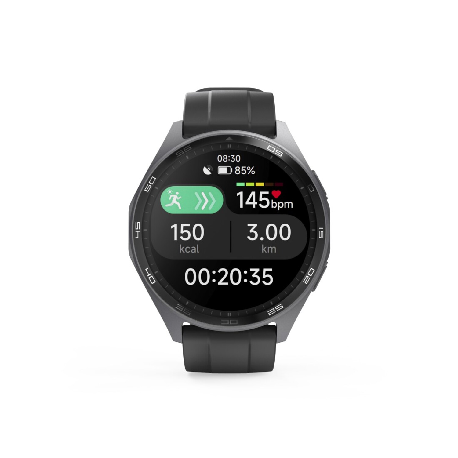 Een zwarte smartwatch geeft activiteitsgegevens weer: 150 kcal, 3,00 km, 00:20:35 en een hartslag van 145 bpm.
