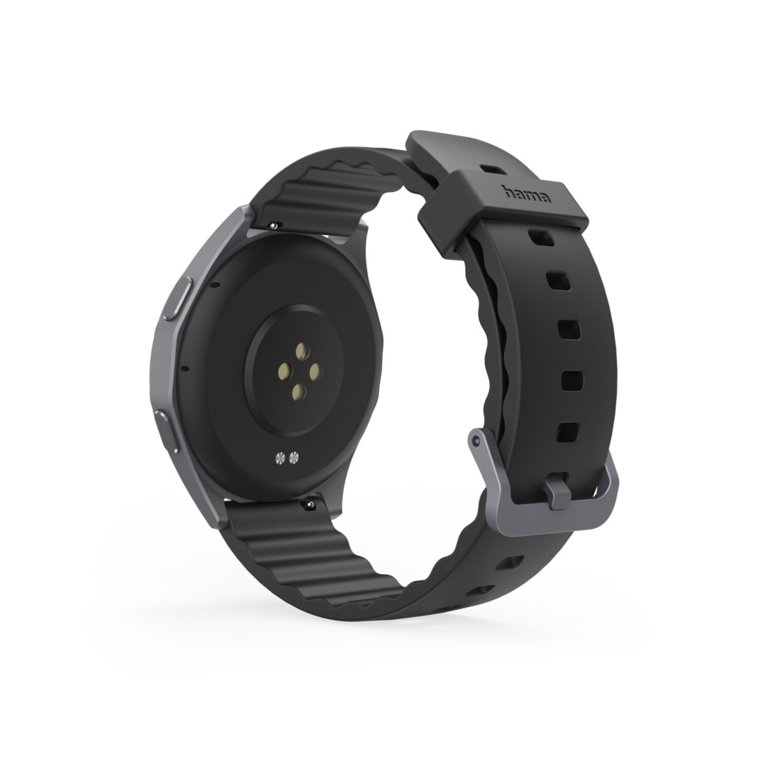 Zwarte en grijze smartwatch op wit. Toont de achterkant met sensor en bandje.