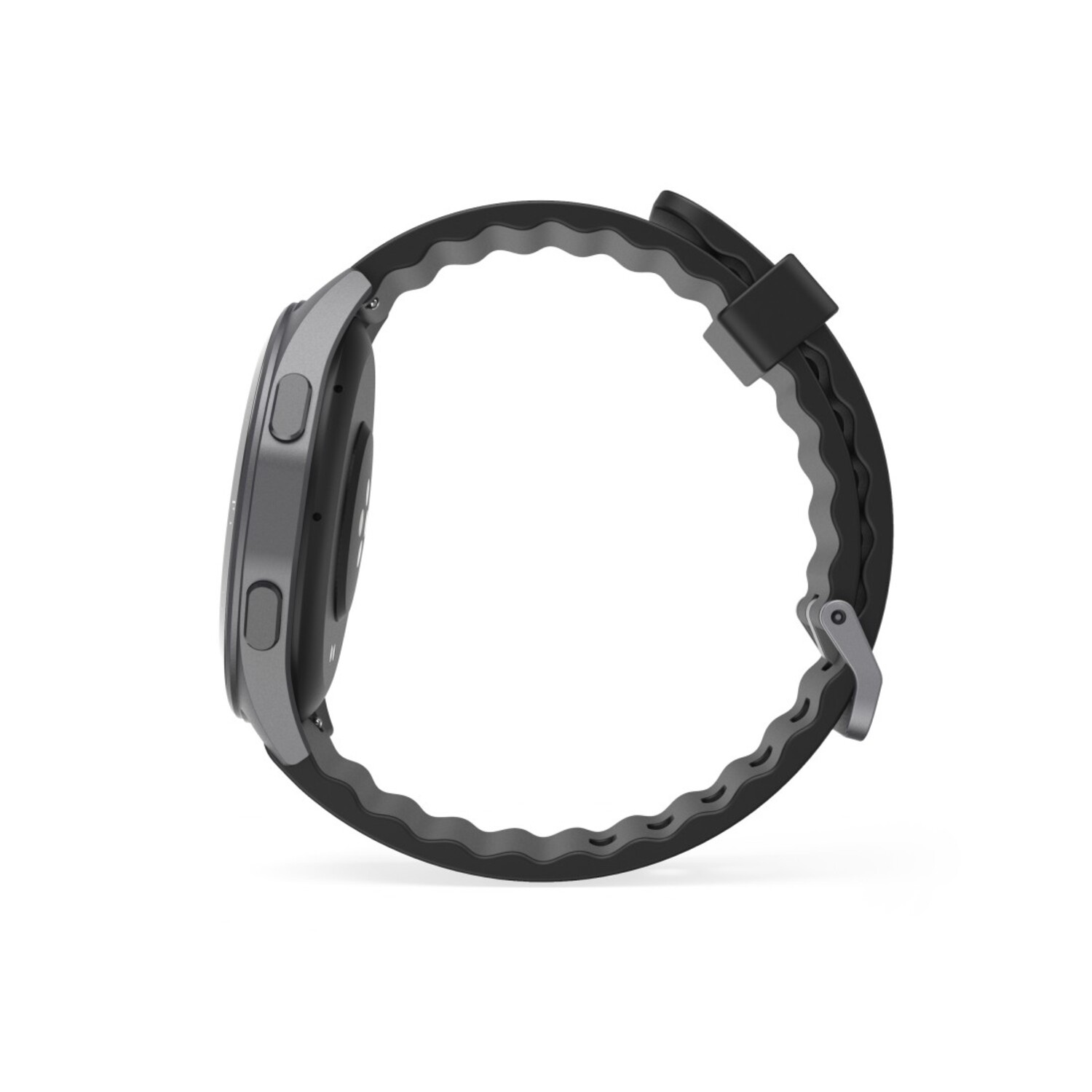 Zijaanzicht van een ronde smartwatch met een zwarte band en een zilveren gesp.