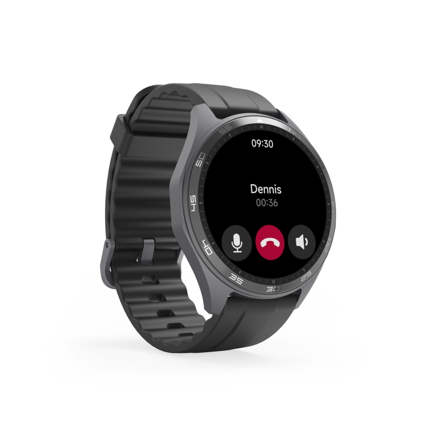 Zwarte smartwatch met een oproepscherm. Het scherm toont 'Dennis' en oproepbedieningen.