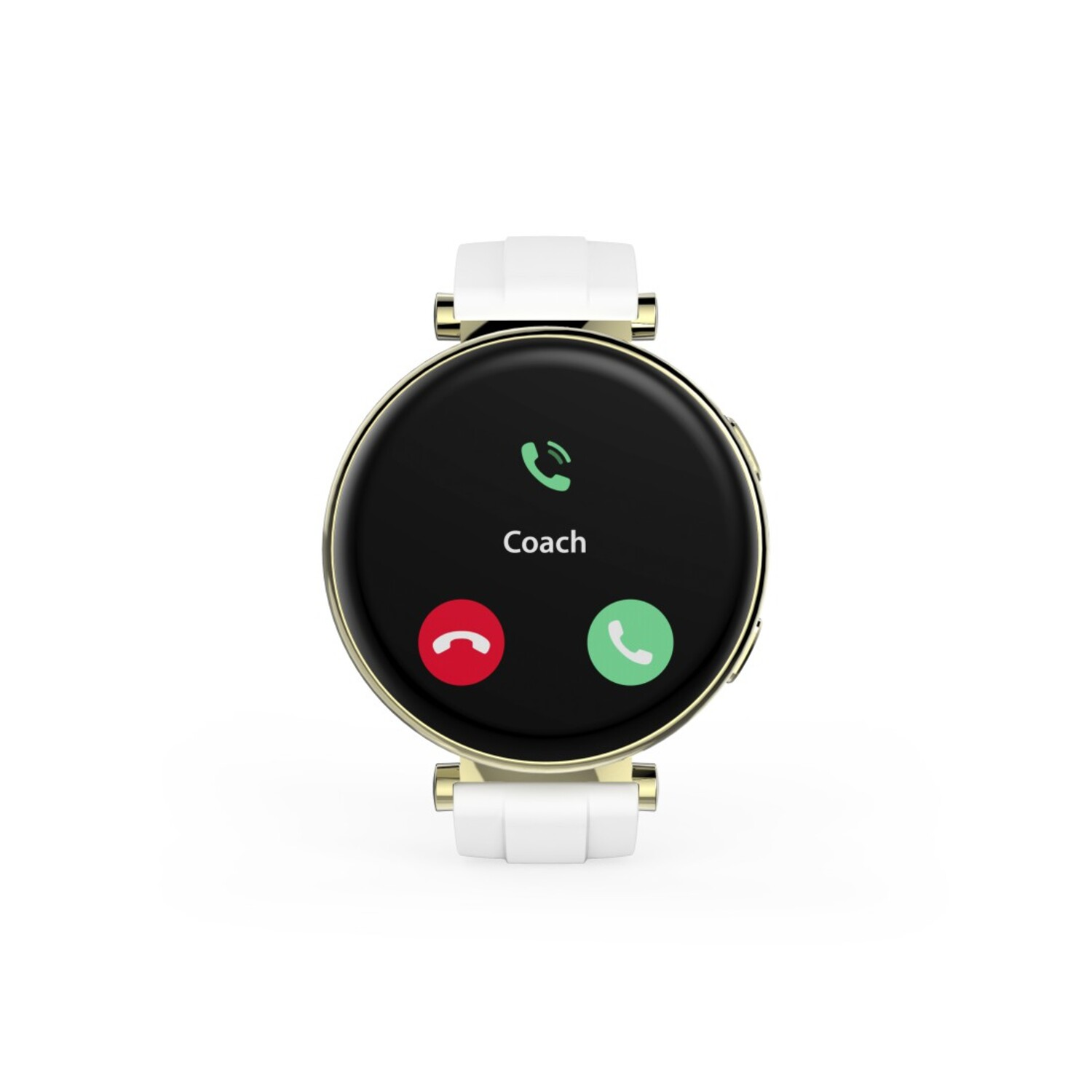 Smartwatch met een ronde wijzerplaat, met een belinterface met rode en groene knoppen.