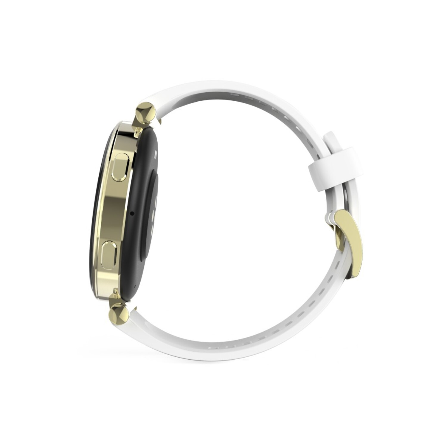 Gouden en witte smartwatch, zijaanzicht, op een witte achtergrond.