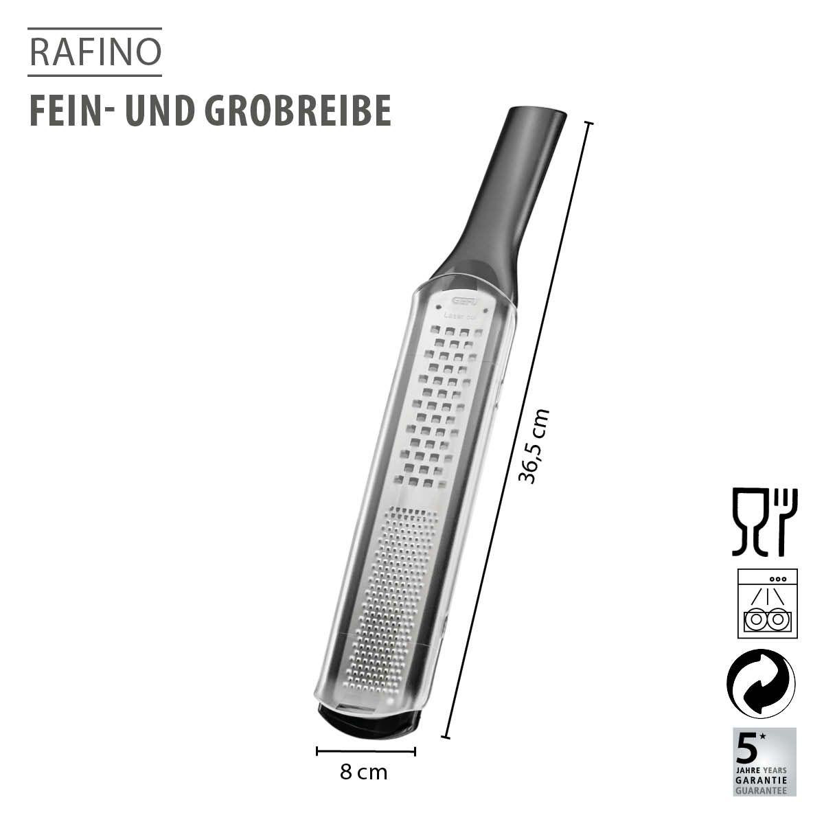 Reibe, Rafino, mit Maßen, schwarzer Griff, silberne Reibefläche.