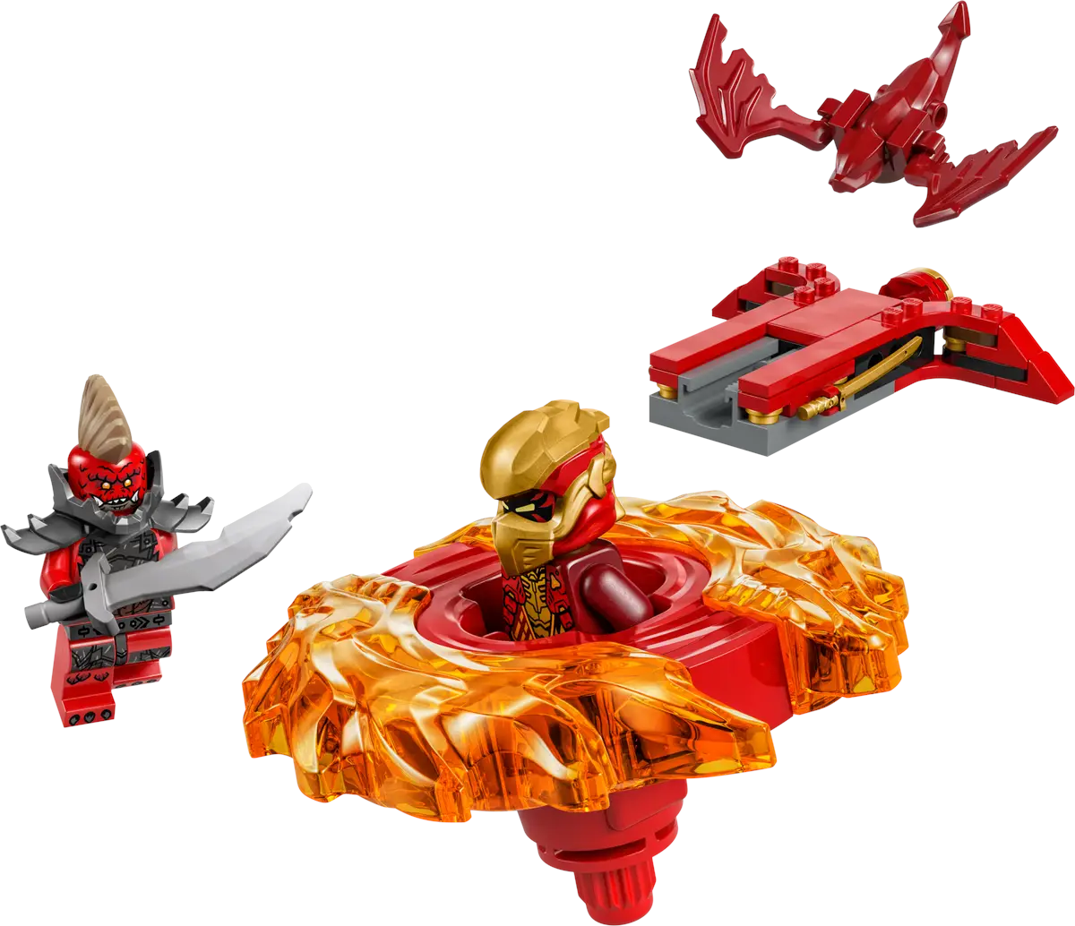 Zestaw Lego Ninjago: figurka ninja na obrotowej podstawie z innymi figurkami i elementami.