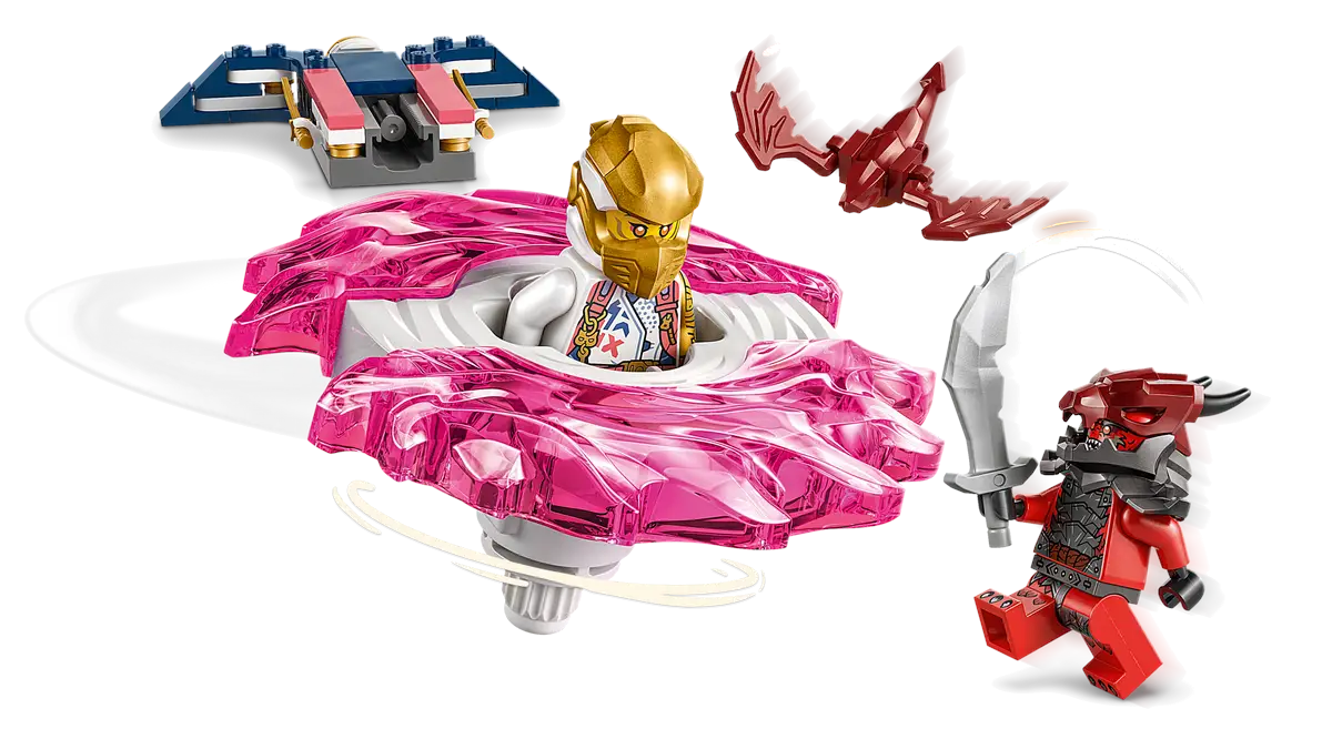 Figurki Lego w walce z bąkiem, samolotem i czerwono-białymi wybuchami energii.