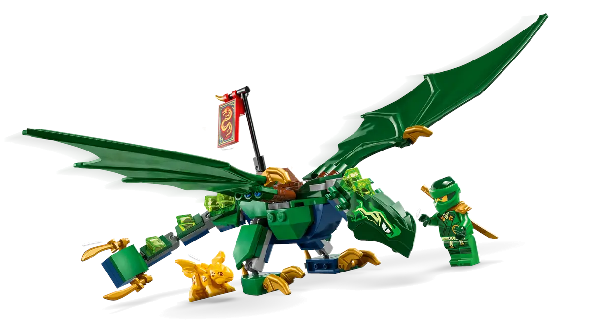 Smok Lego Ninjago z figurką ninja i małą istotą.