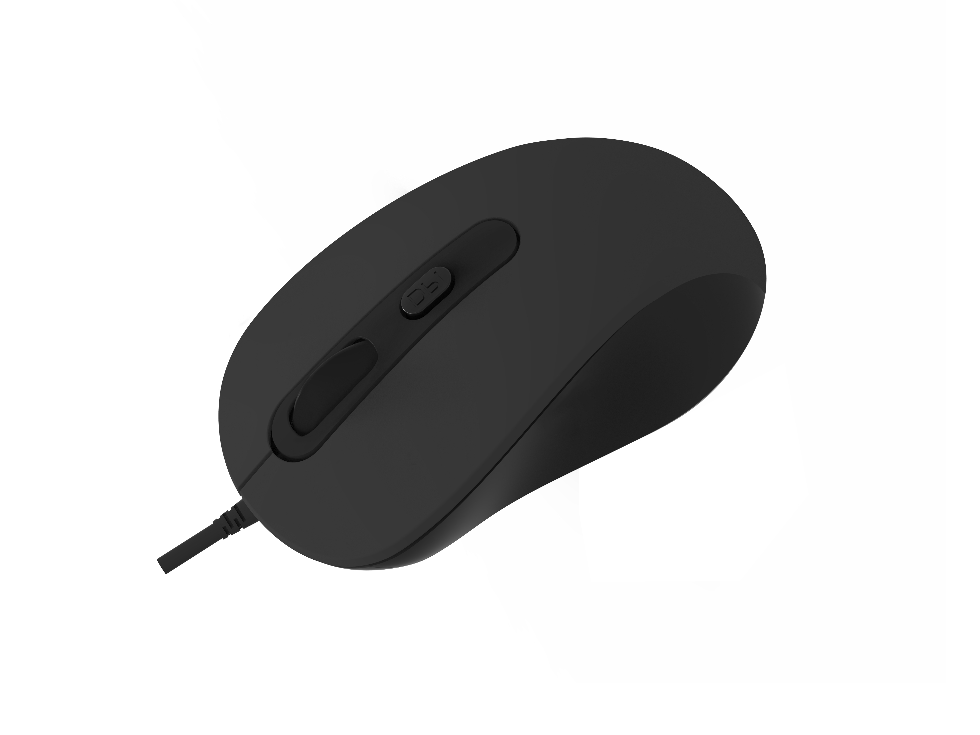 Eine schwarze Computermaus mit zwei Tasten, einem Scrollrad und einem angeschlossenen Kabel.