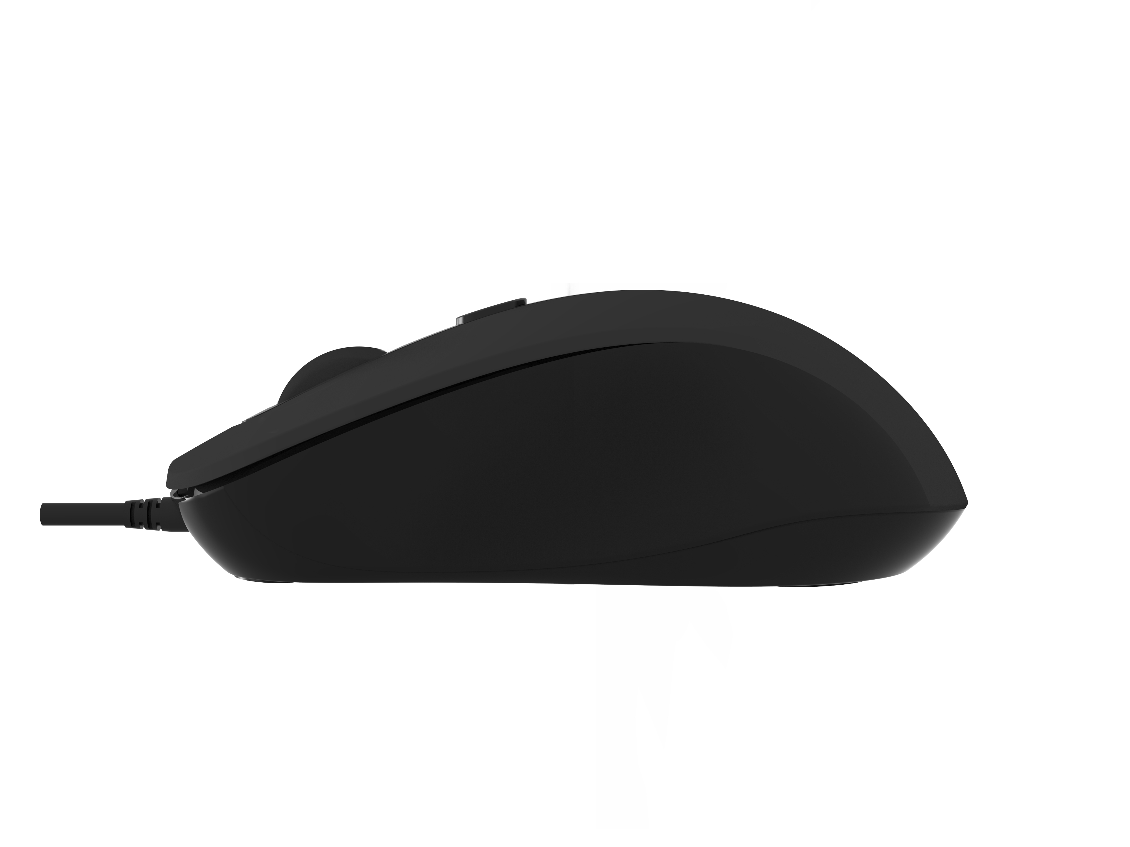 Schwarze Computermaus, Seitenansicht, mit Scrollrad und Kabelanschluss.