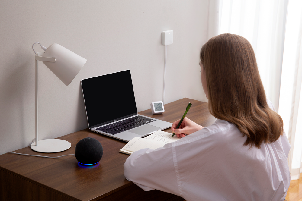Frau schreibt an einem Schreibtisch mit Laptop, Smart Speaker und Lampe.