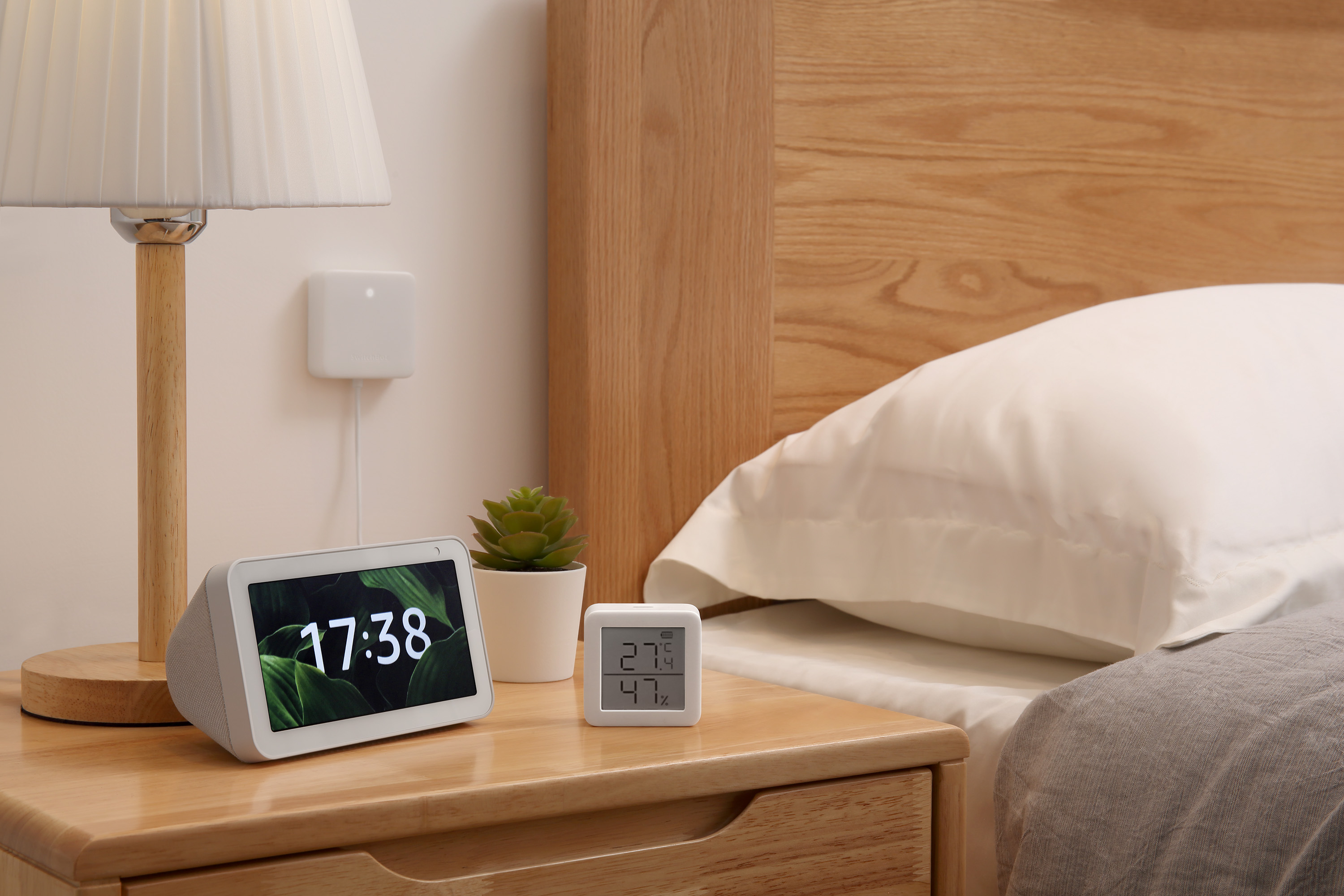 Ein Nachttisch mit Uhr, Pflanze und kleinem Thermometer.