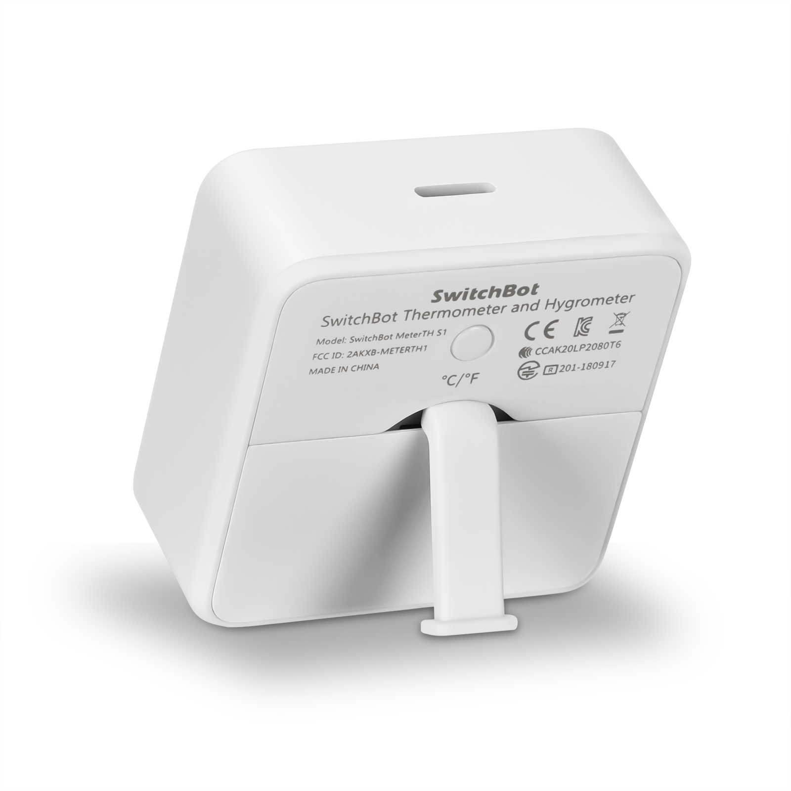 Weißes quadratisches SwitchBot Thermometer und Hygrometer, Rückansicht, mit Ständer.