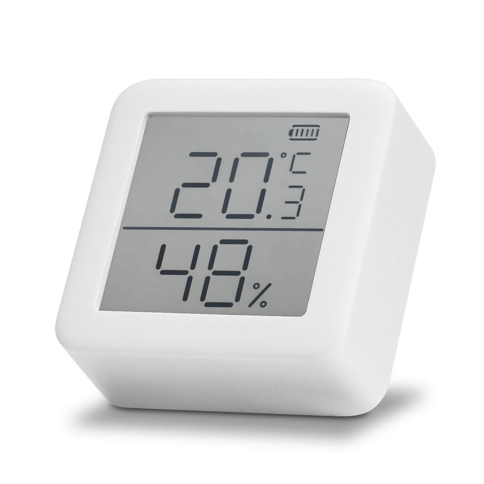 Ein weißes digitales Thermometer mit Anzeige von Temperatur und Luftfeuchtigkeit.
