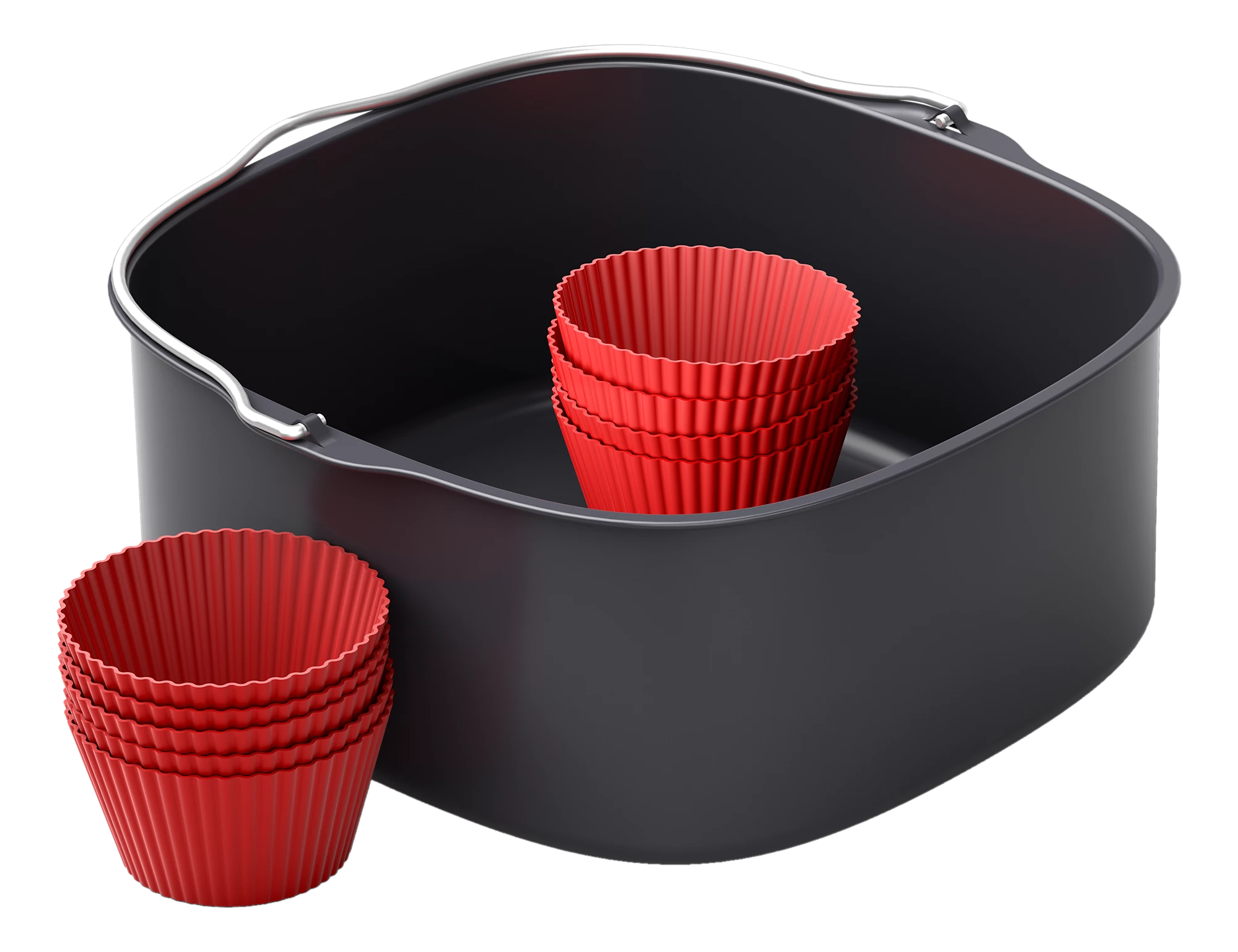 Panier de friteuse à air noir avec des moules à muffins rouges. Certains à l'intérieur, d'autres à l'extérieur.