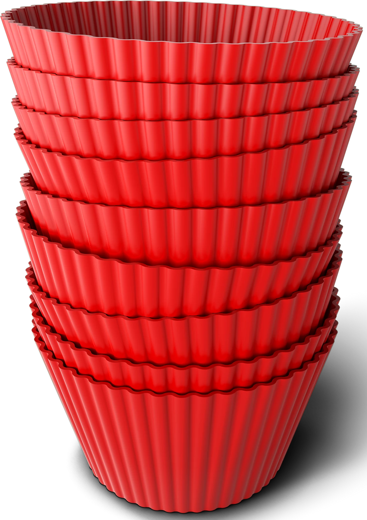 Une pile de moules à cupcakes rouges et cannelés, disposés verticalement, sur fond noir.