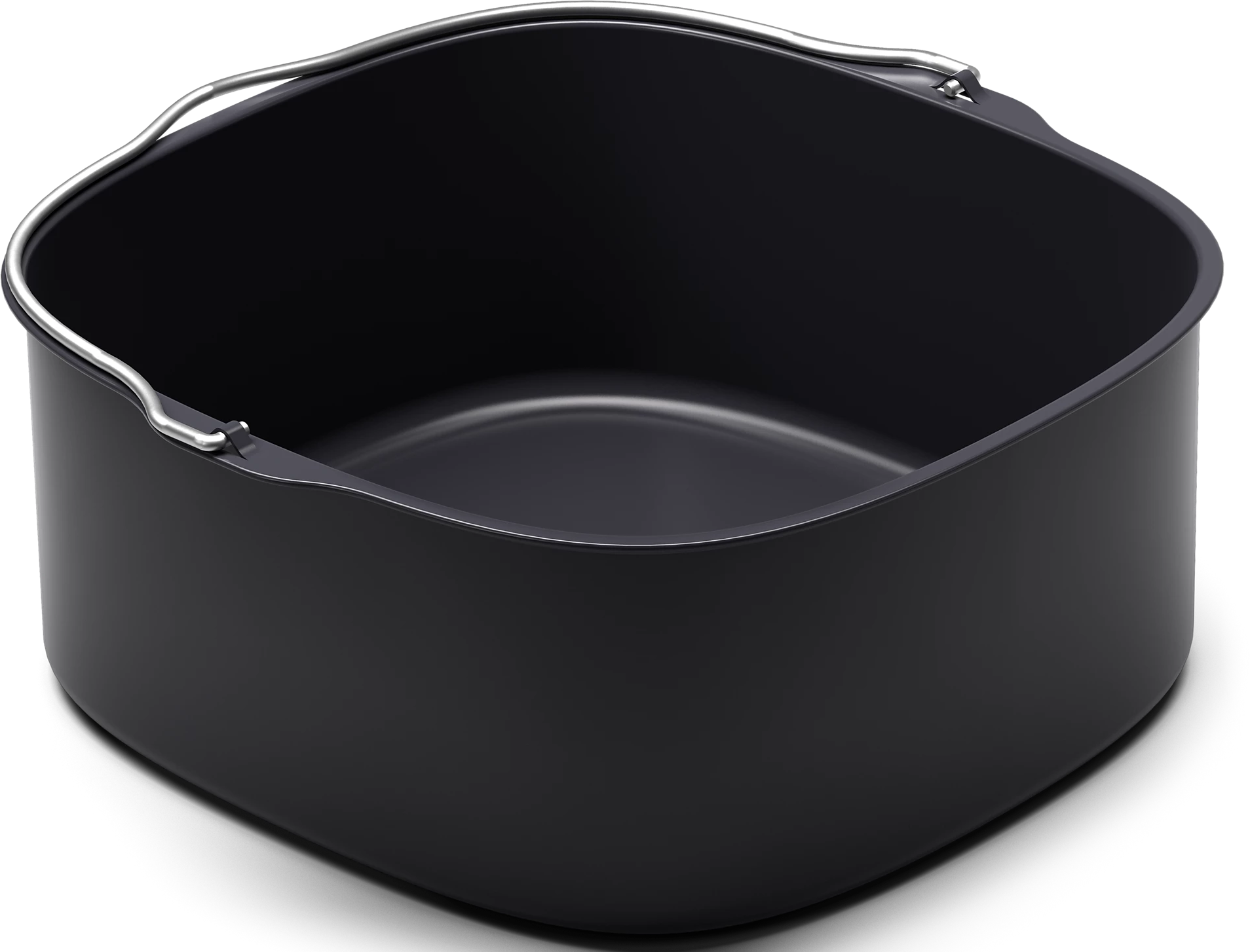 Panier de friteuse à air noir avec une poignée argentée. Récipient vide, de forme carrée.