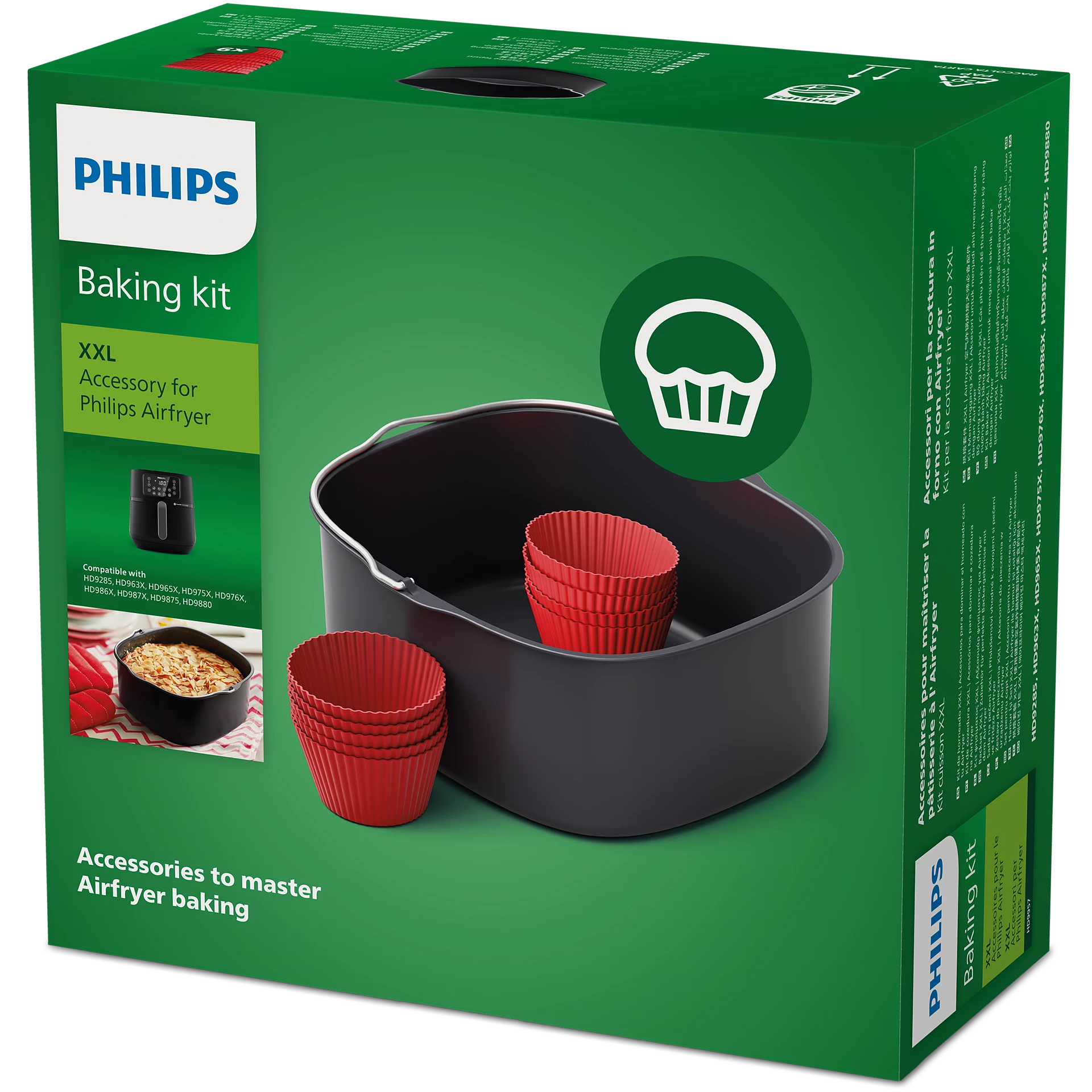 Une boîte de kit de cuisson Philips avec des accessoires à l'intérieur.