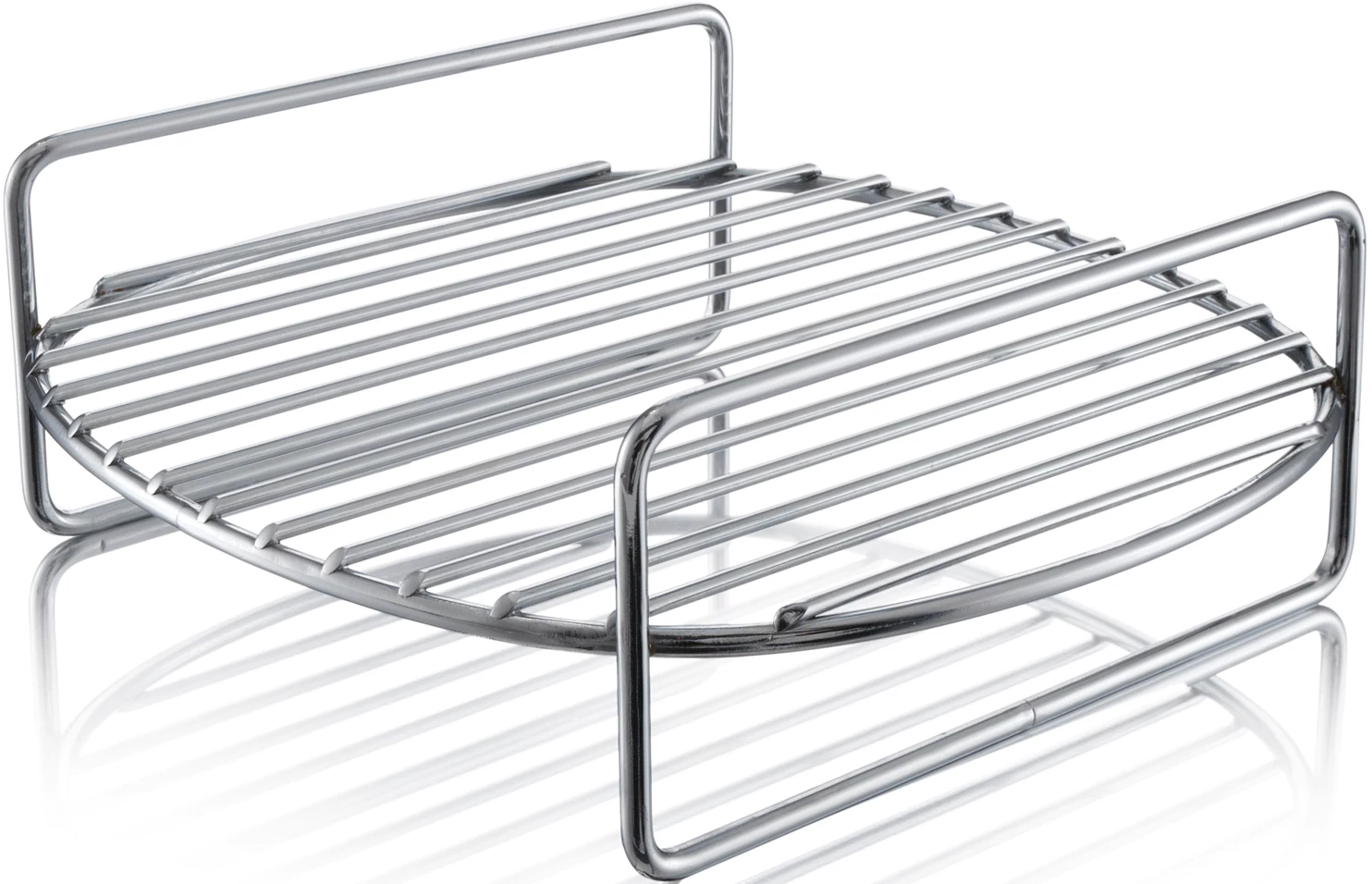 Ein Grillrost aus Edelstahl mit gebogenen Seitengriffen.