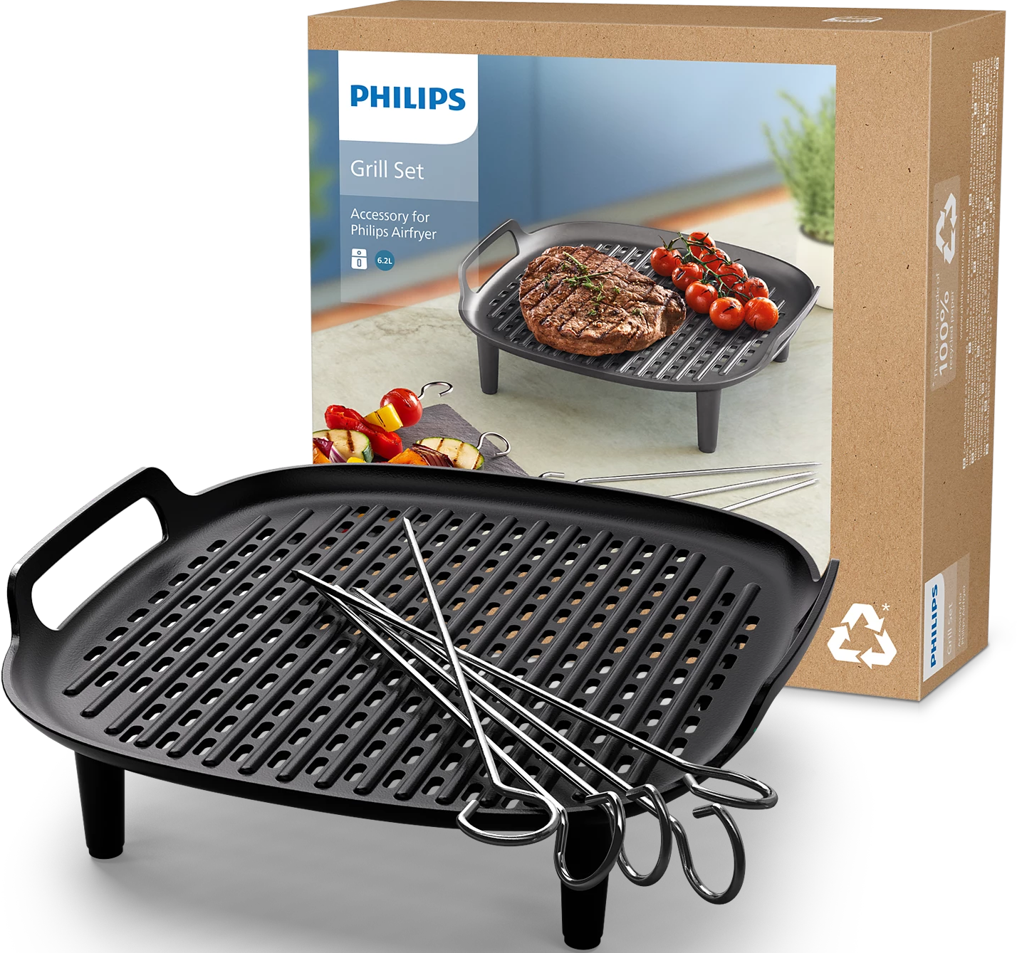 Set grill Philips con griglia, cibo e spiedini. Una scatola a destra.