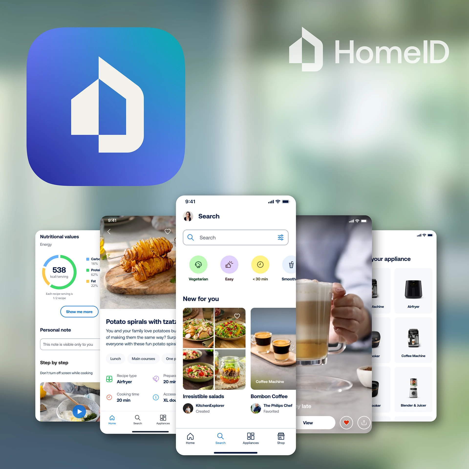 Schermi del telefono che mostrano le interfacce delle app. Logo HomeID nell'angolo in alto a destra.