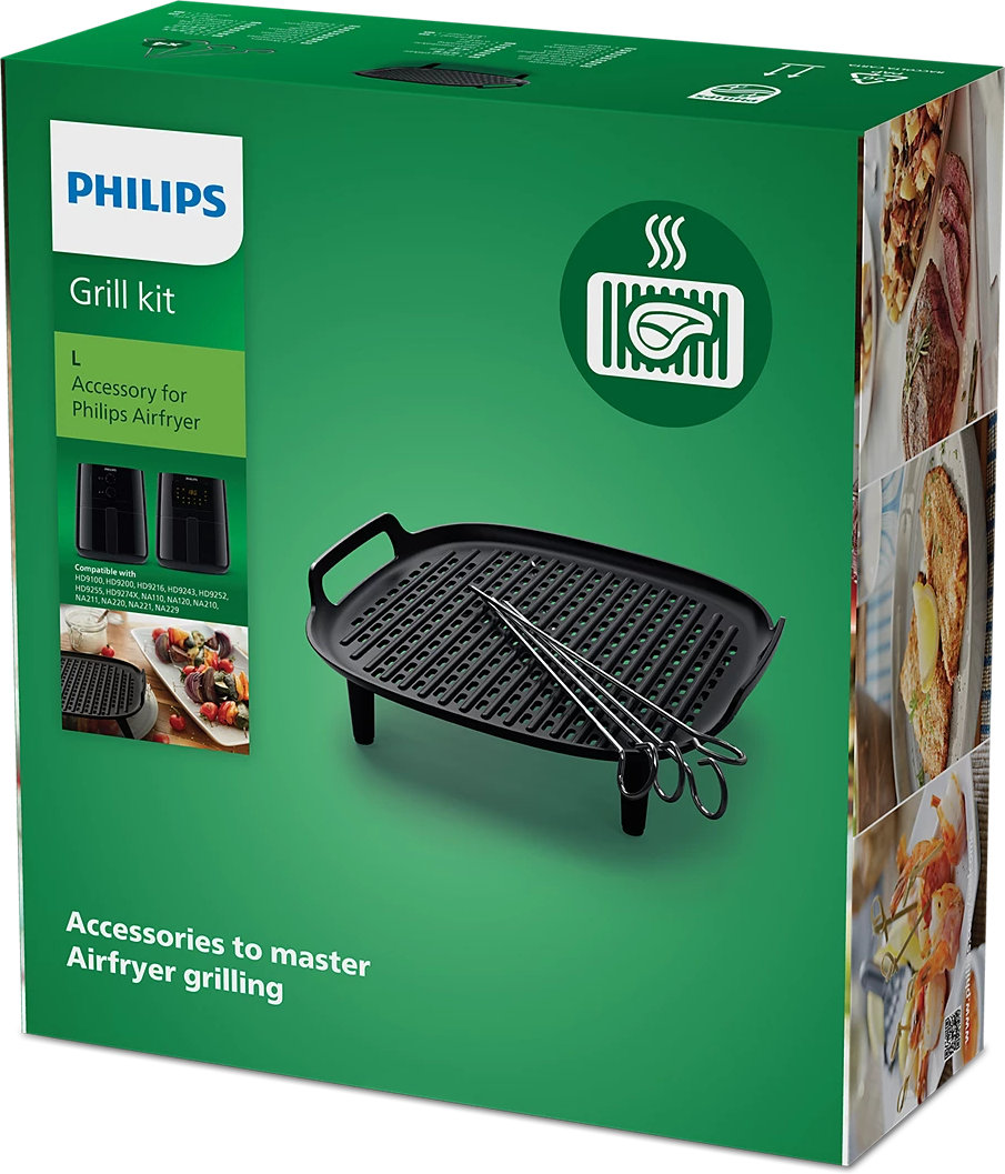 Eine Grill-Kit-Box mit Grill und Zange. Die Box zeigt Bilder von gegrilltem Essen.
