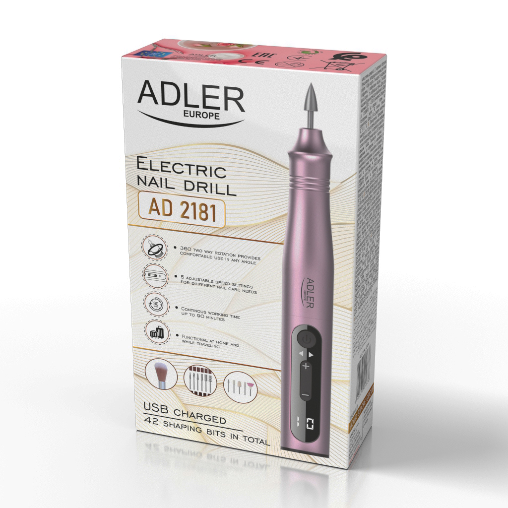 Egy Adler elektromos körömcsiszoló dobozzal, formázó bitekkel és USB töltési információkkal.