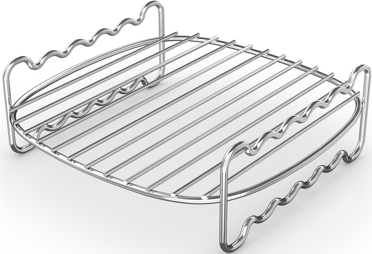 Silberner Grillrost, gebogene Kanten. Der Rost hat eine rechteckige Form mit mehreren parallelen Stangen.