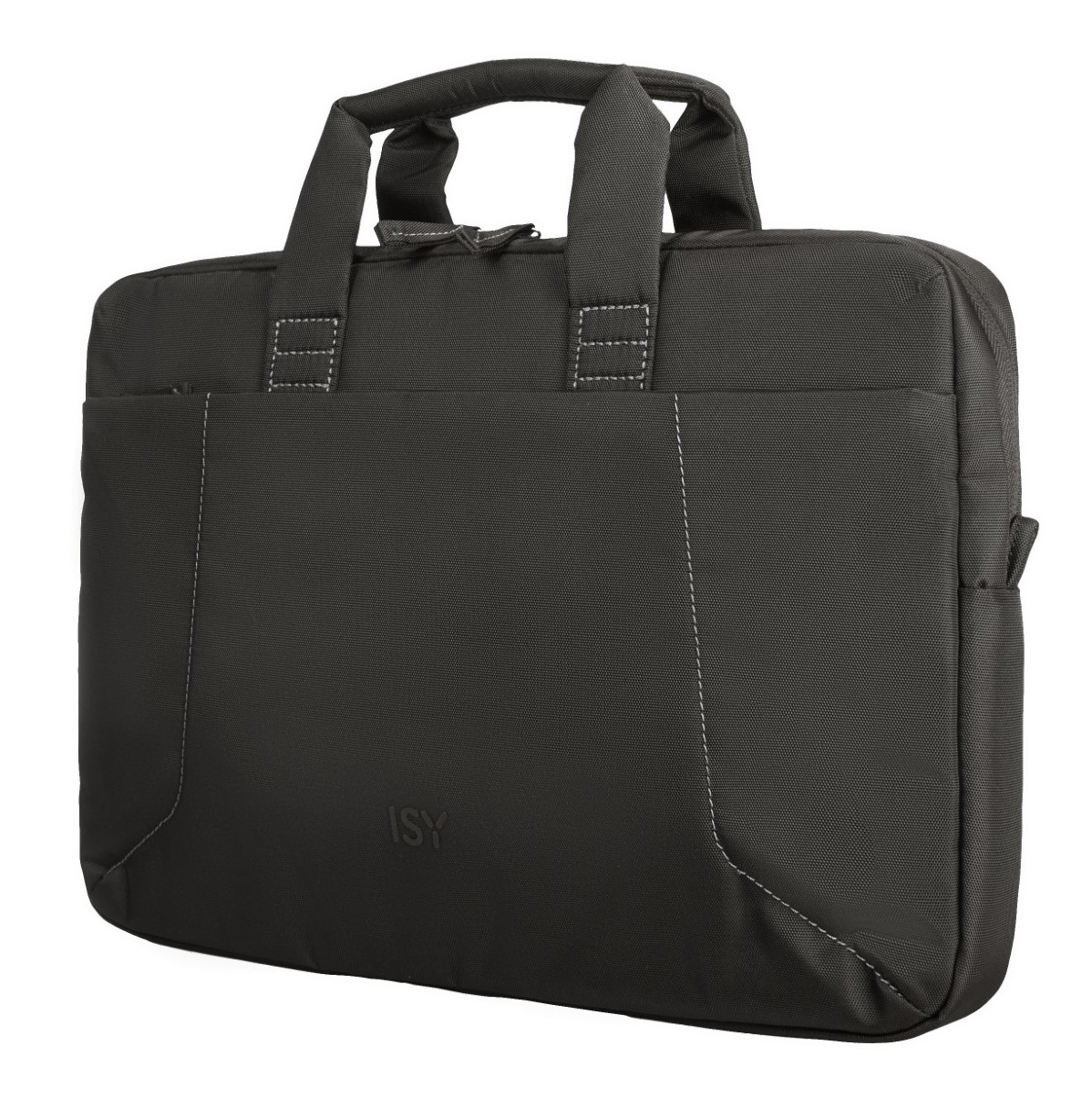 Czarna torba na laptopa z uchwytem. Ma białe szwy i litery 'ISY' z przodu.