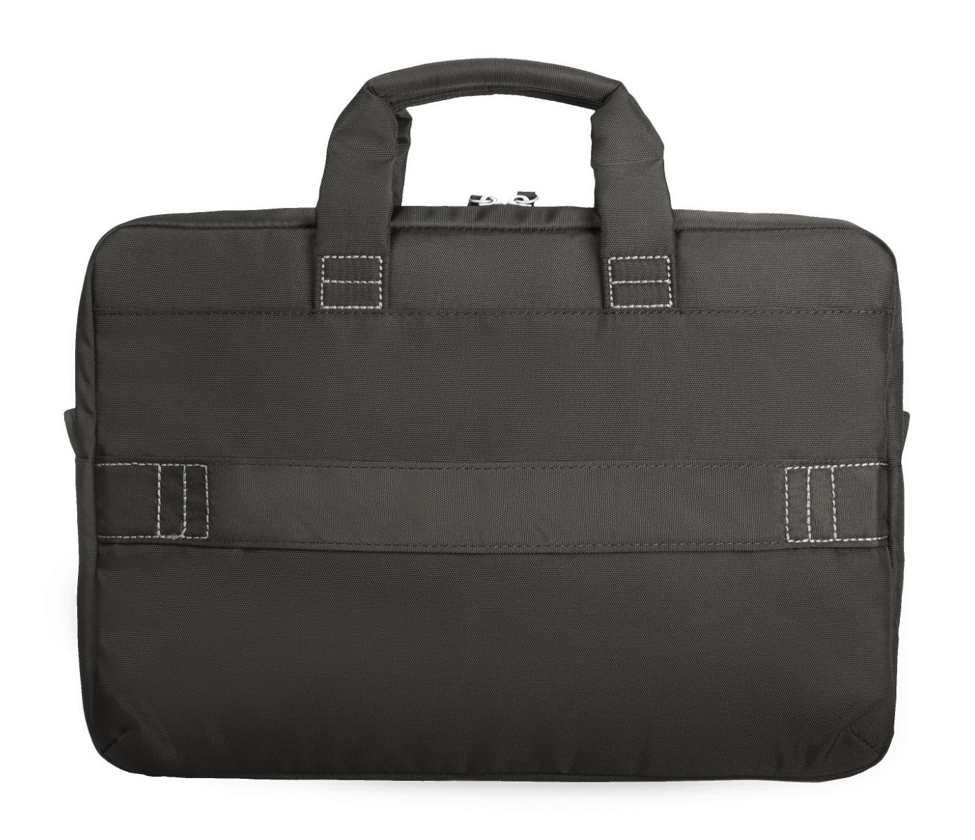 Ciemnoszara teczka z uchwytem u góry. Ma główną komorę i pasek pośrodku. Białe szwy.