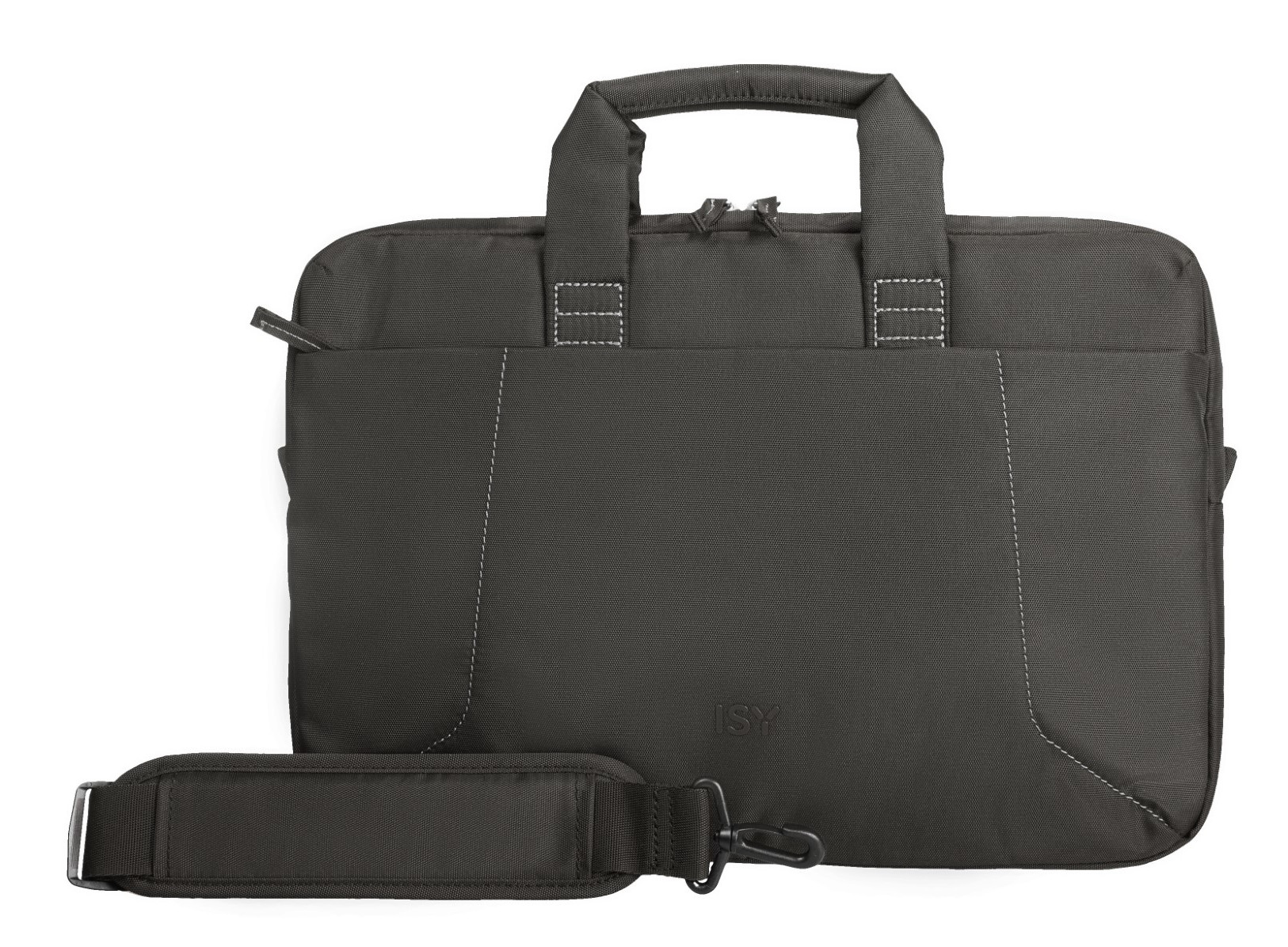 Czarna torba na laptopa z uchwytem i paskiem na ramię. Torba ma białe szwy i zamek błyskawiczny.