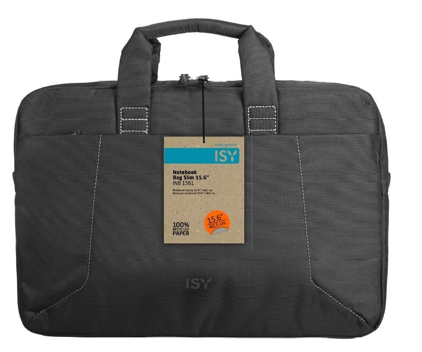 Szara torba na laptopa ISY z uchwytem i etykietą. Na etykiecie napis 'Notebook Bag Slim 15.6"' i '100% Recycled Paper'.
