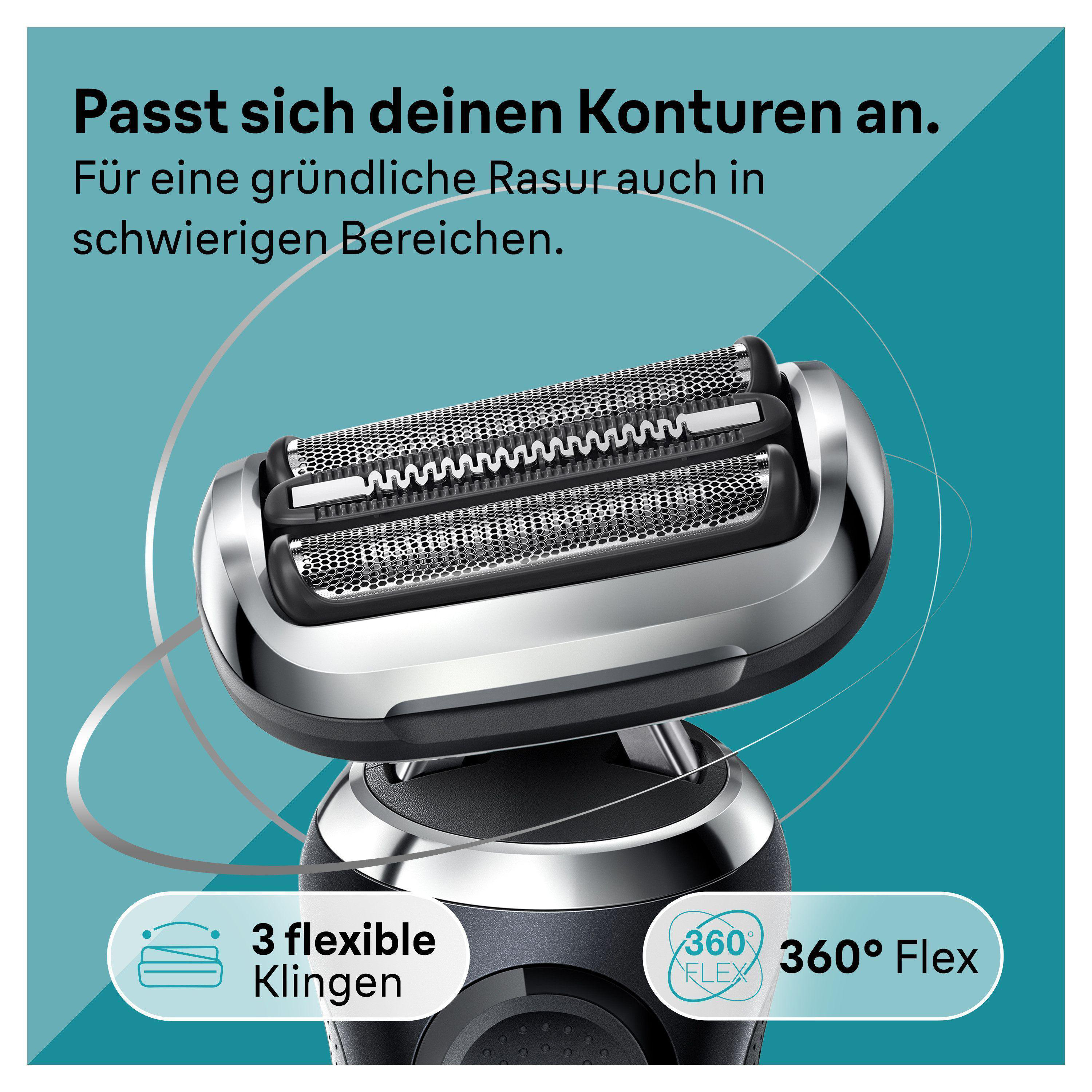 Nahaufnahme eines silber-schwarzen Elektrorasiererkopfes mit drei Klingen. Der Hintergrund ist blau.