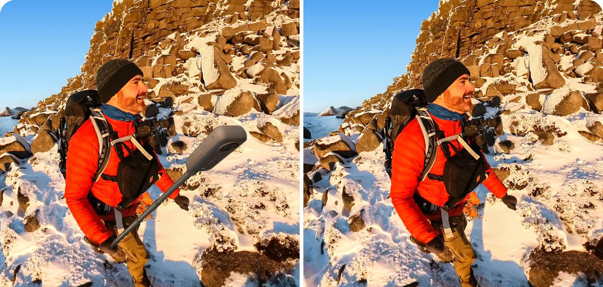 Ein Mann, der auf einem schneebedeckten Berg mit einer Kamera auf einem Selfie-Stick geht.
