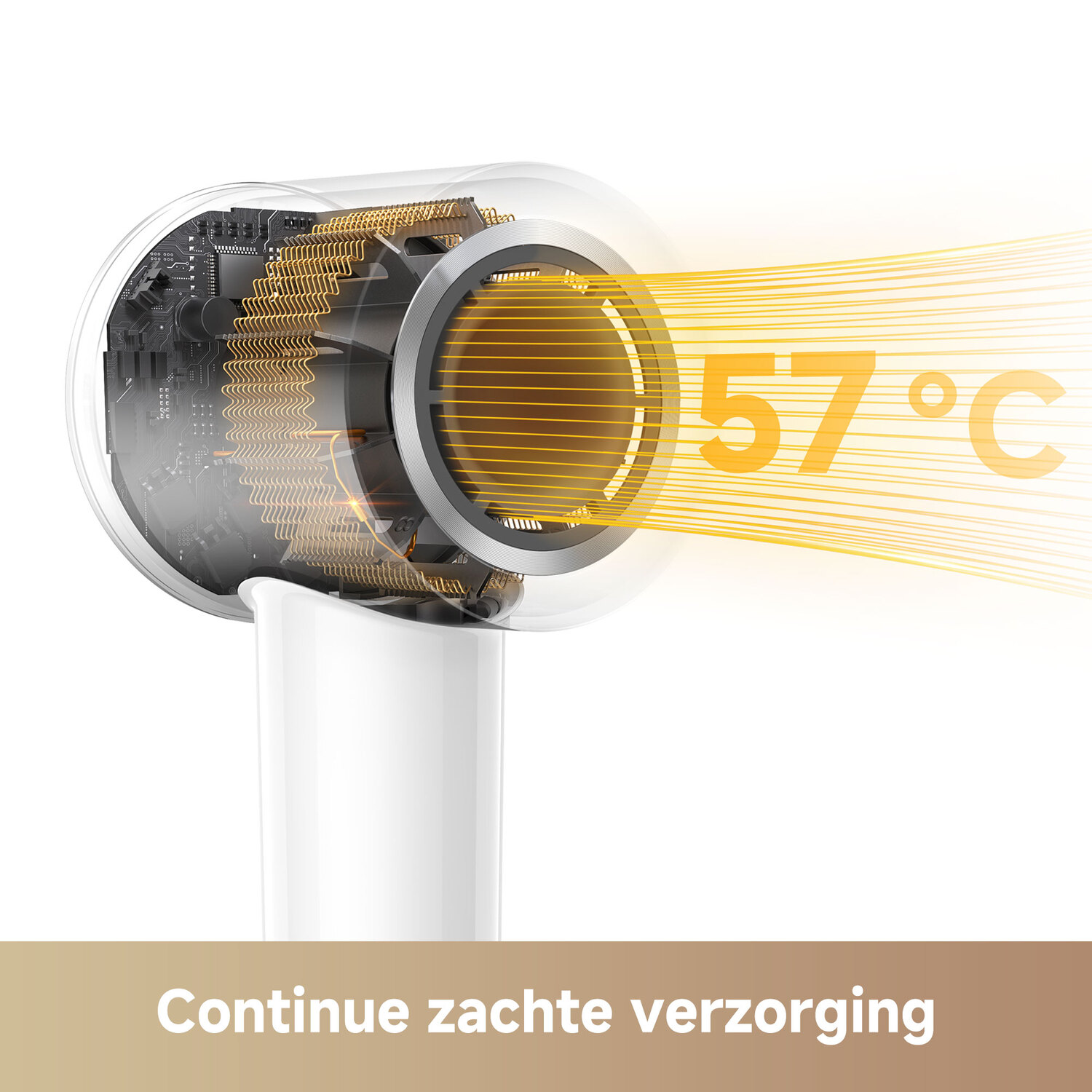 Een haardroger met een uitsparing die interne componenten en temperatuur toont.