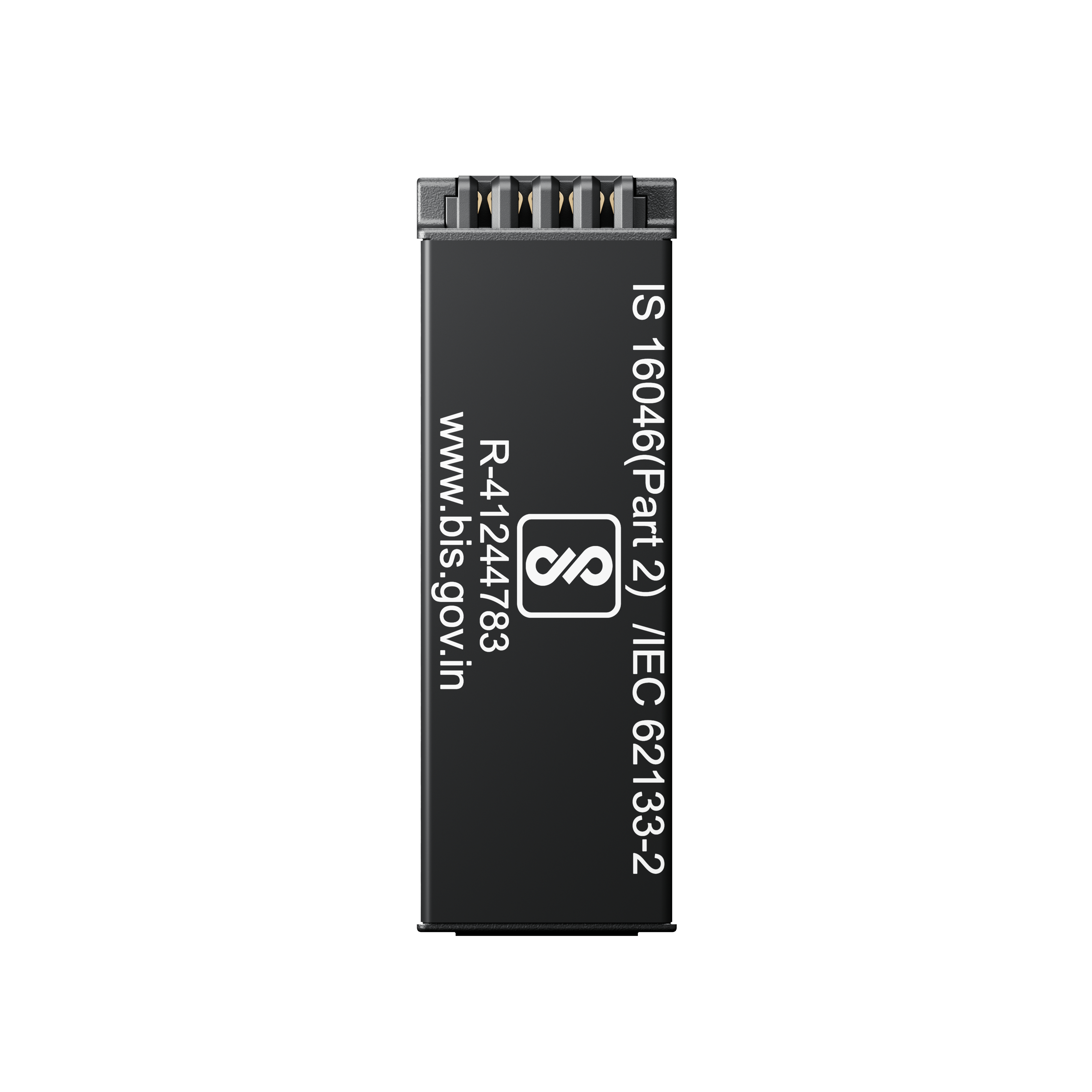 Ein schwarzes elektronisches Bauteil mit Etiketten und Logo, vor weißem Hintergrund.