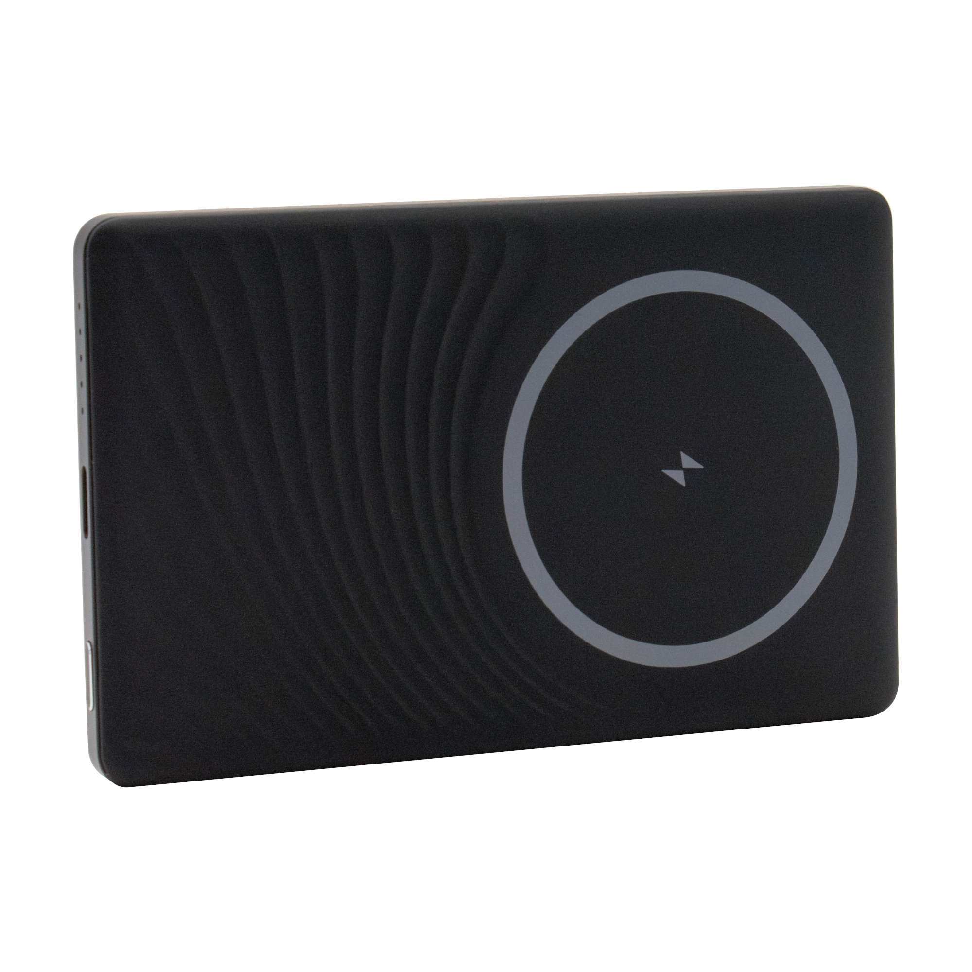 Schwarze Powerbank mit einem kreisförmigen Ladebereich, der mit einem Blitzsymbol markiert ist.