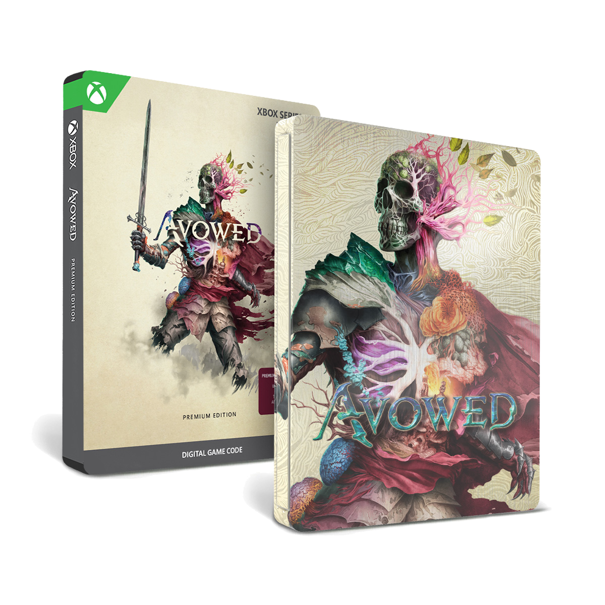 Grafika pudełka gry Avowed, z postacią szkieletu z mieczem i tytułem gry.