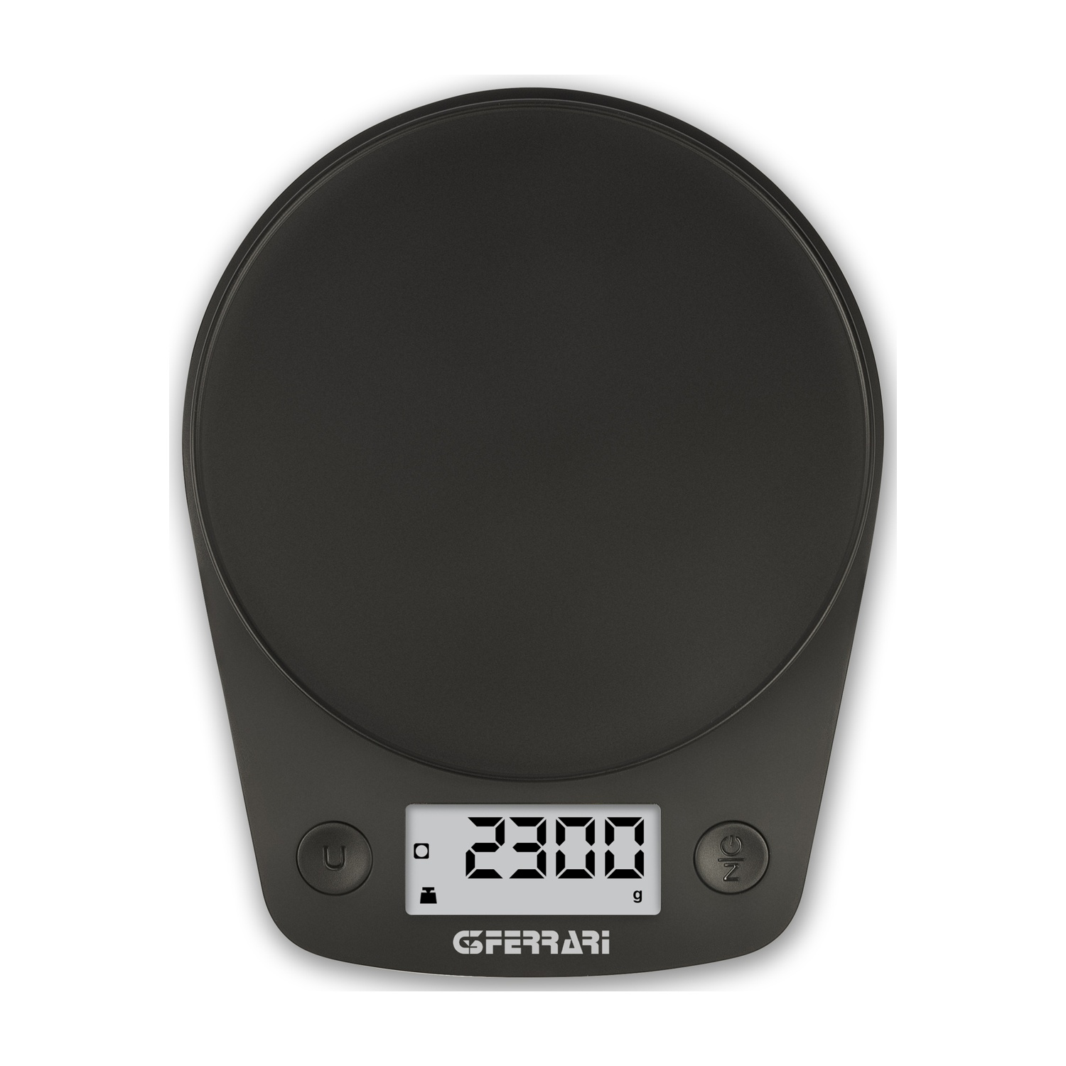 Una bilancia da cucina digitale nera con display che mostra 2300g.