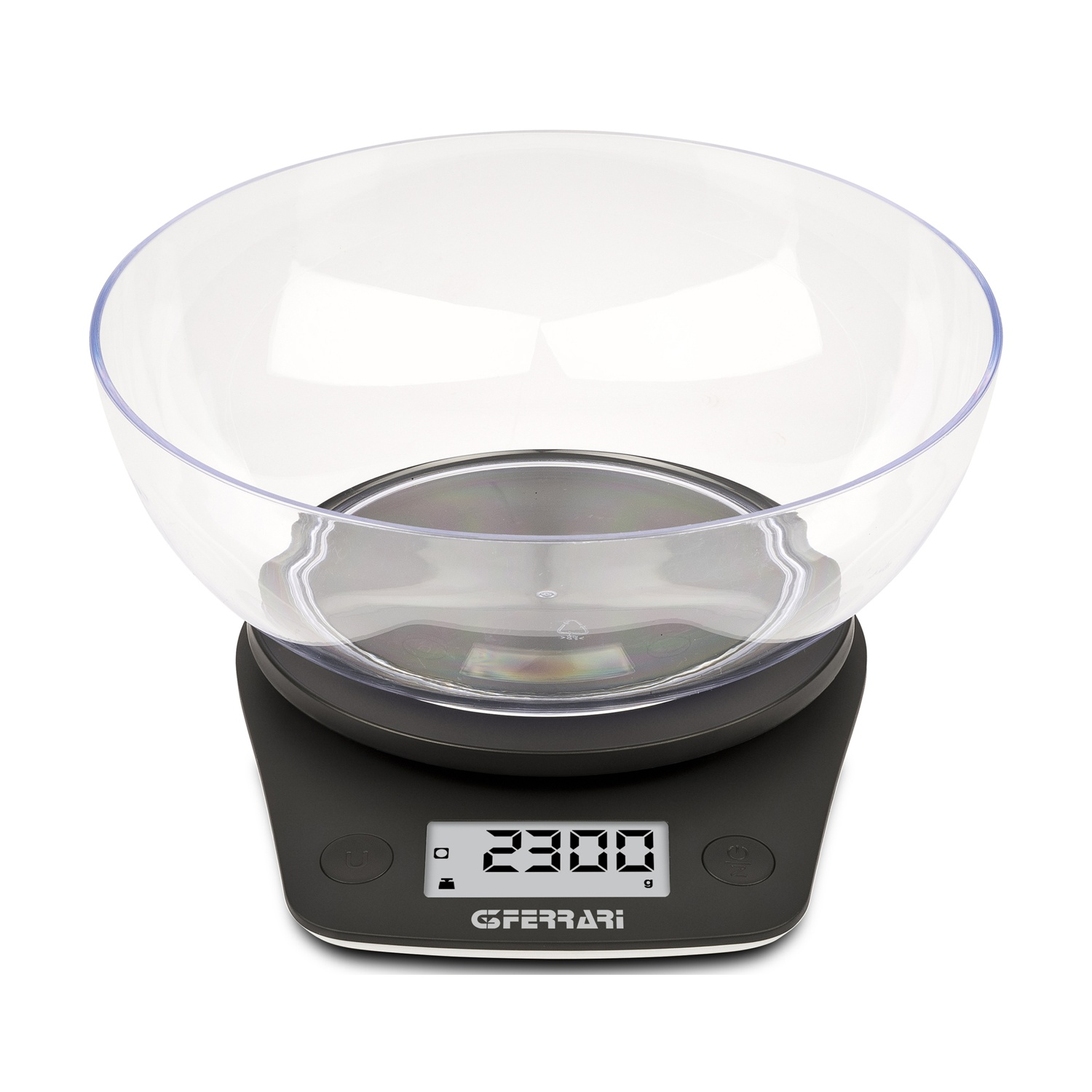 Una bilancia da cucina digitale nera con una ciotola trasparente sopra. Il display mostra 2300g.